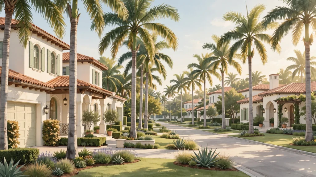Calle residencial de Miami con palmeras y casas estilo mediterráneo