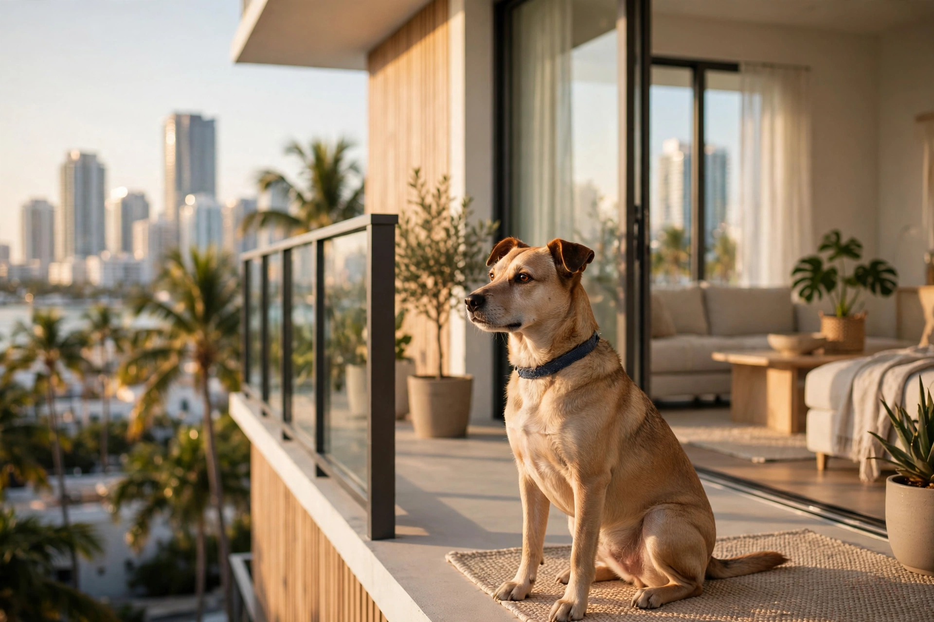 Dog on a sunny Miami apartment balcony — pet policies in Miami rentals for those moving to Miami with pets