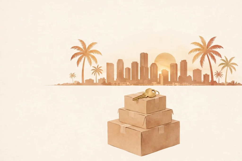 Warm editorial illustration of moving boxes, a brass house key and the Miami skyline at golden hour — relocation services for moving to Miami