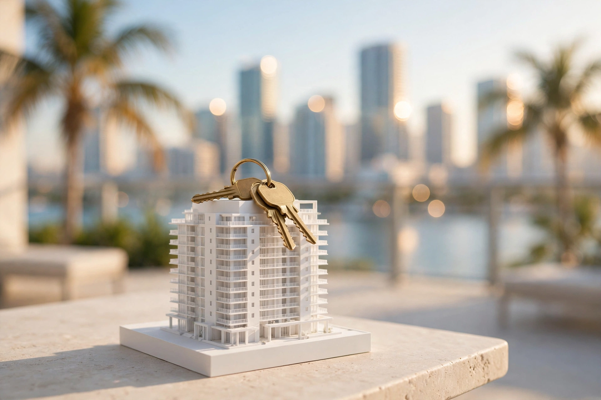 Vivir en Miami: llaves sobre maqueta de un condominio en Miami — canadienses comprando vs. rentando en 2026, los números