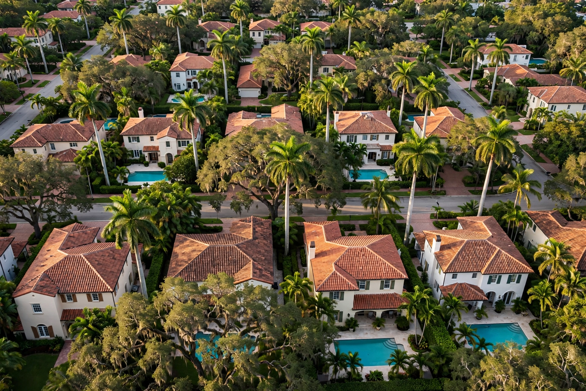 Vivir en Miami: Pinecrest vs. Coral Gables — vida familiar premium comparada, vista aérea de casas familiares elegantes en Miami con piscinas y palmeras, 2026