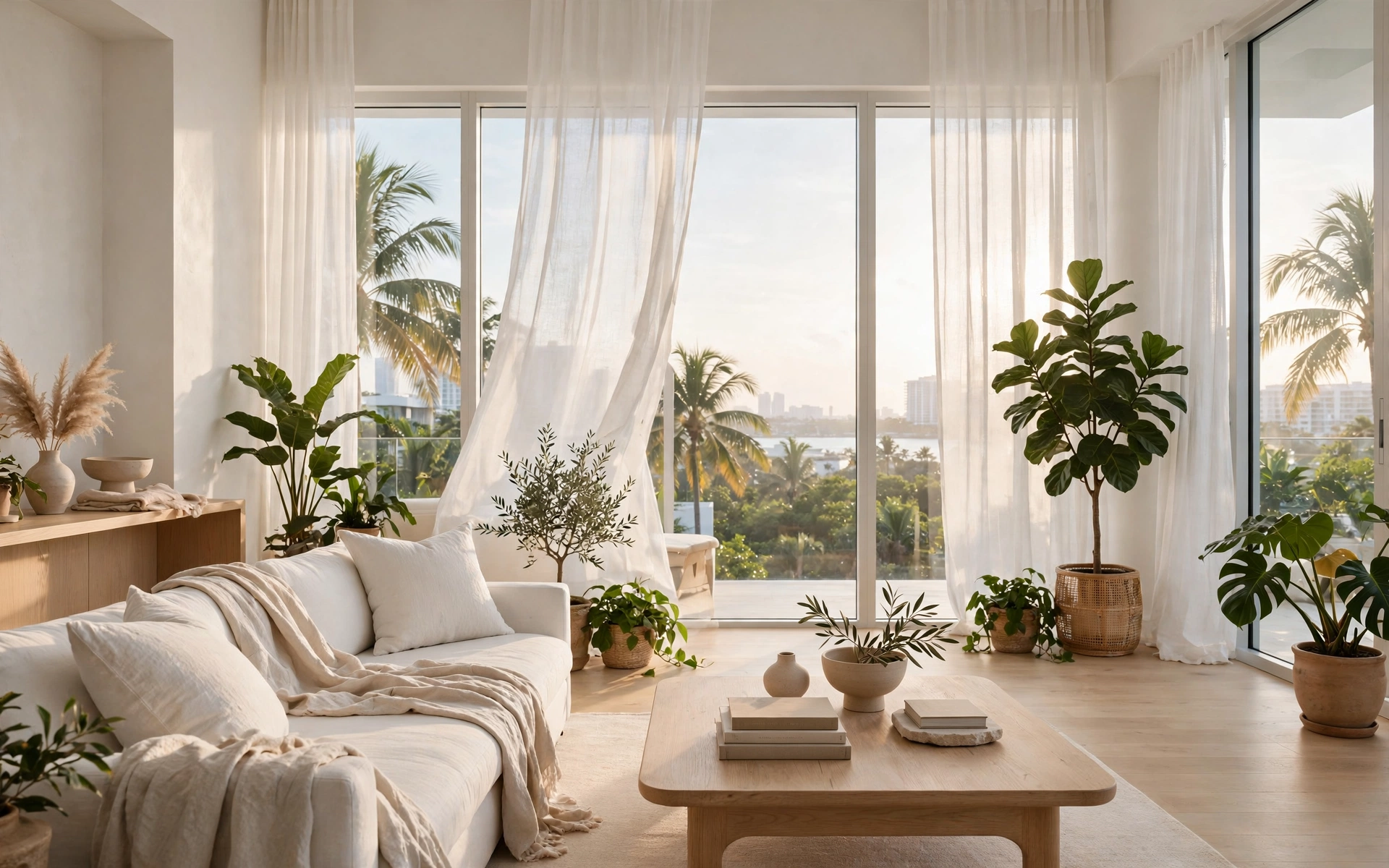 Curated rentals in Miami — bright living room with bay view