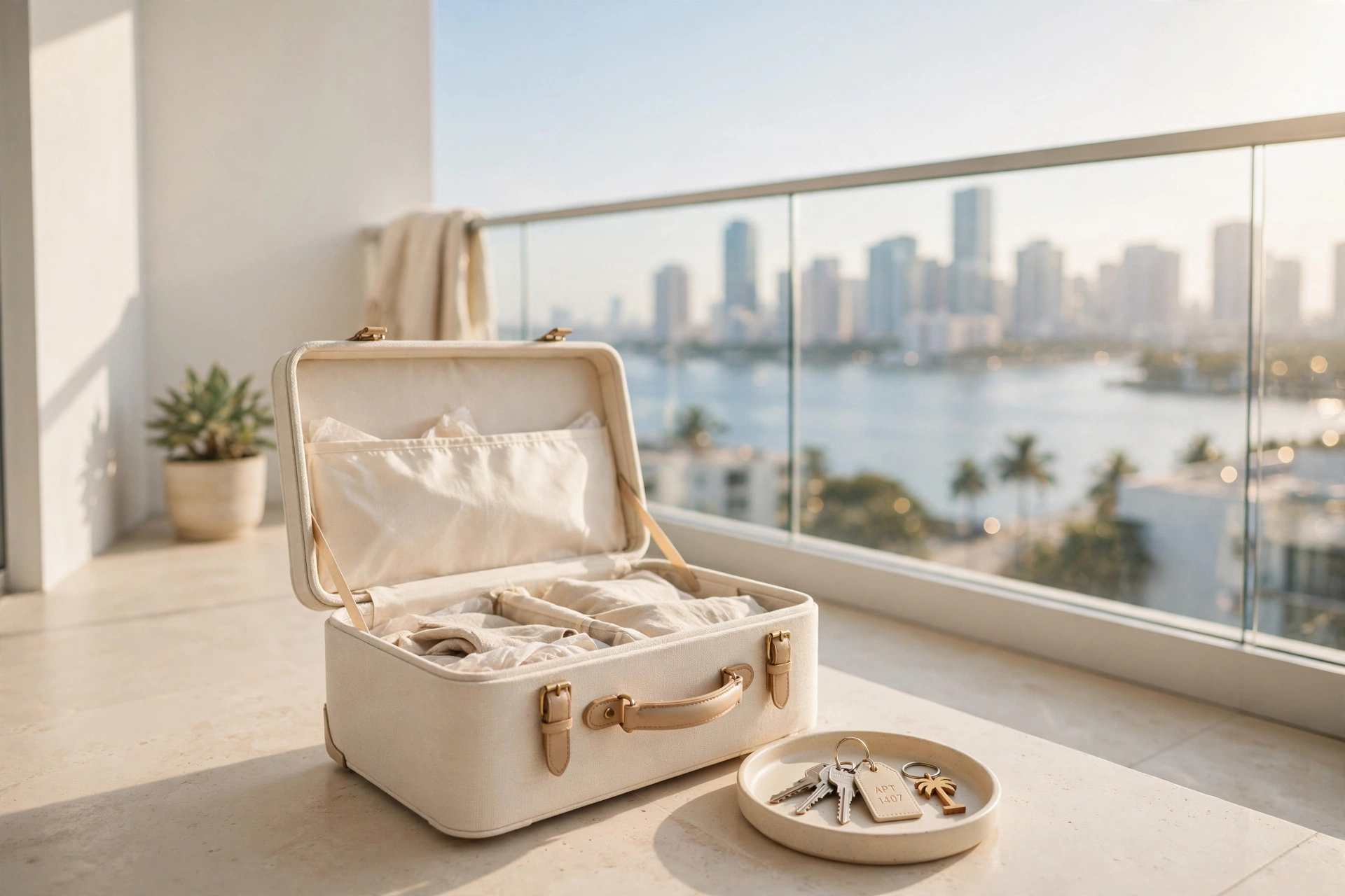 Moving to Miami: furnished short-term rental balcony with suitcase and apartment keys overlooking the Miami skyline — cost of living in Miami guide