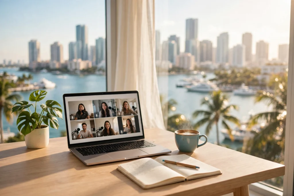 Remote worker moving to Miami: home office with laptop overlooking the Miami skyline — cost of living in Miami guide for remote workers