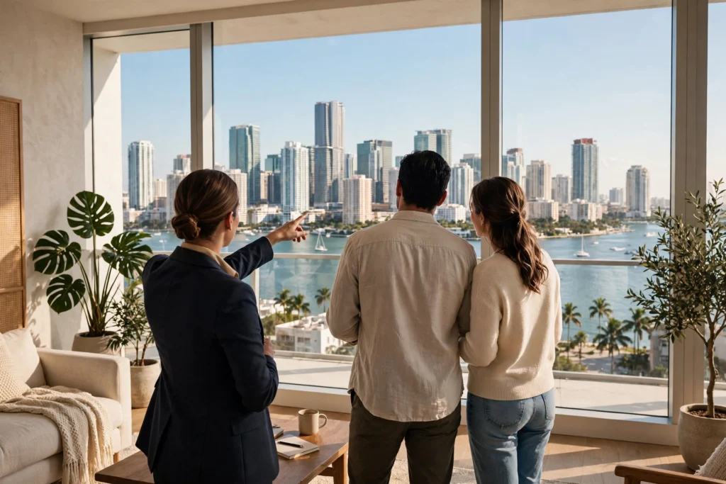 What a relocation service does — consultant showing a Miami apartment