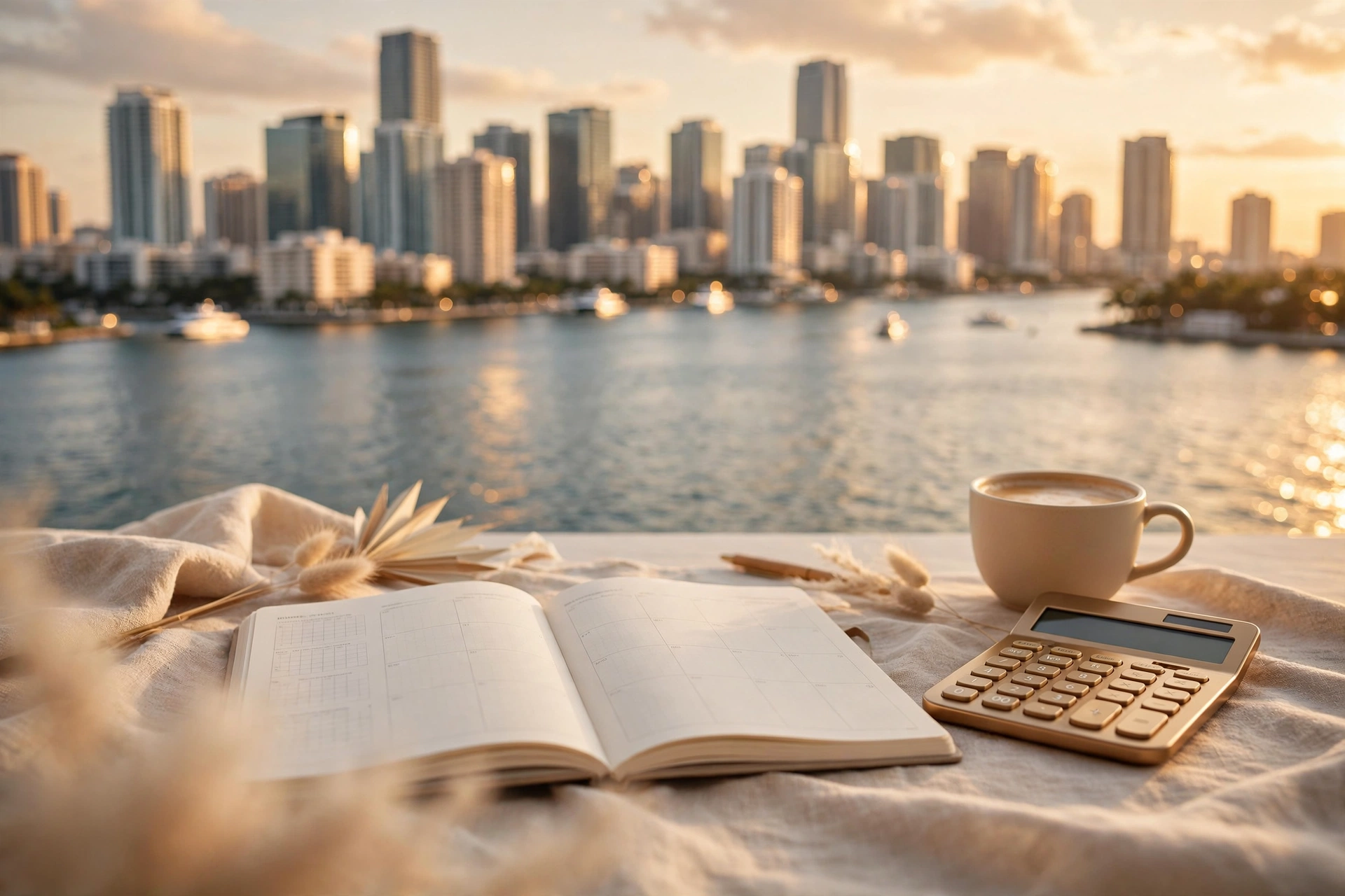 Skyline de Miami al atardecer con planificador de presupuesto mensual — costo real de vivir en Miami 2026