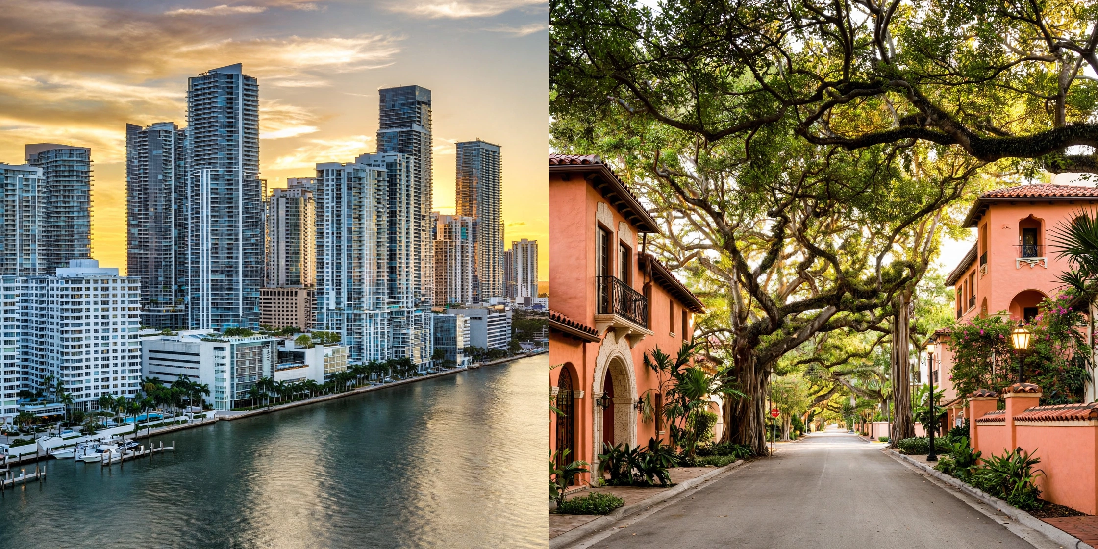 Vivir en Miami: skyline de Brickell frente a las calles mediterráneas de Coral Gables — comparativa para ejecutivos