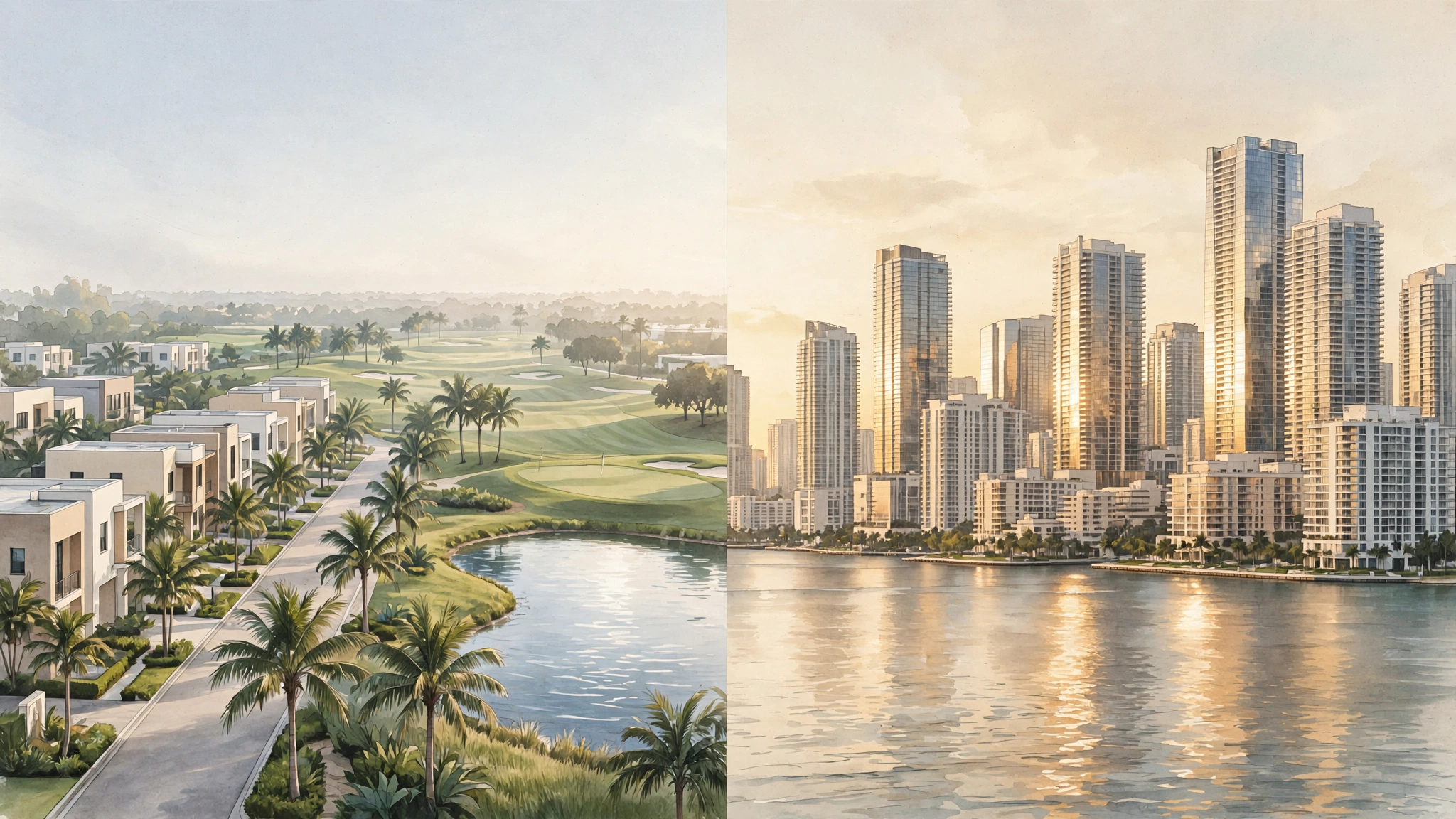 Ilustración editorial comparando las calles suburbanas de Doral con el skyline de torres de Brickell al atardecer