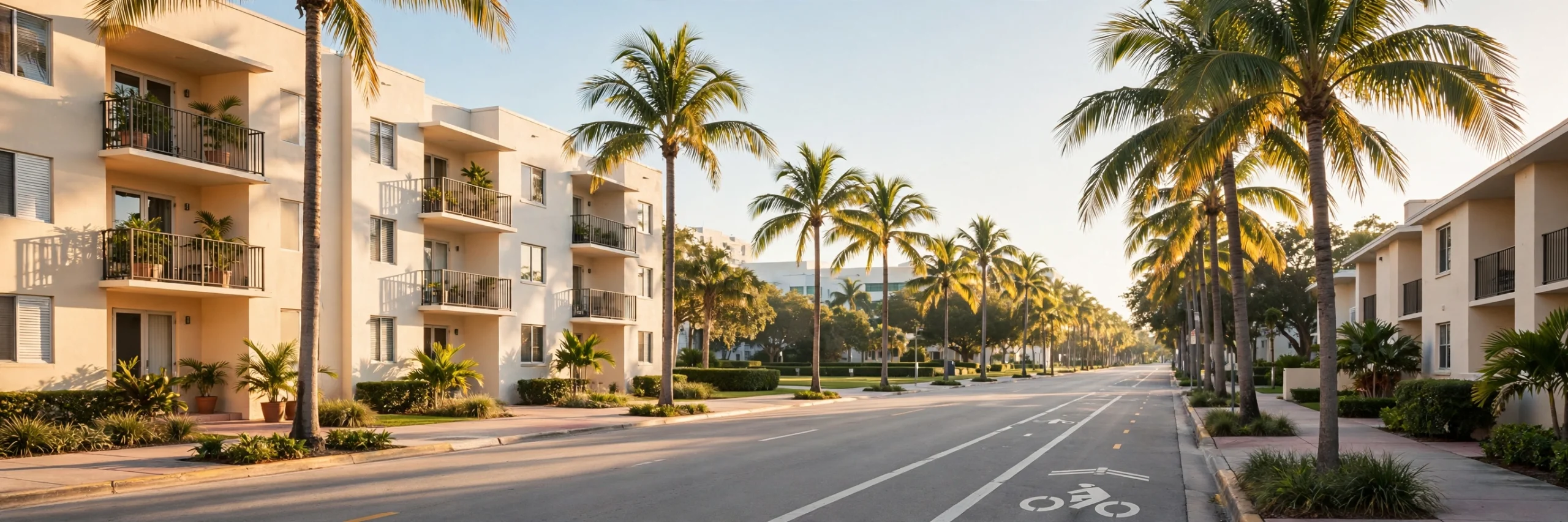 Best neighborhoods in Miami for international students: sunny palm-lined student street near FIU at golden hour