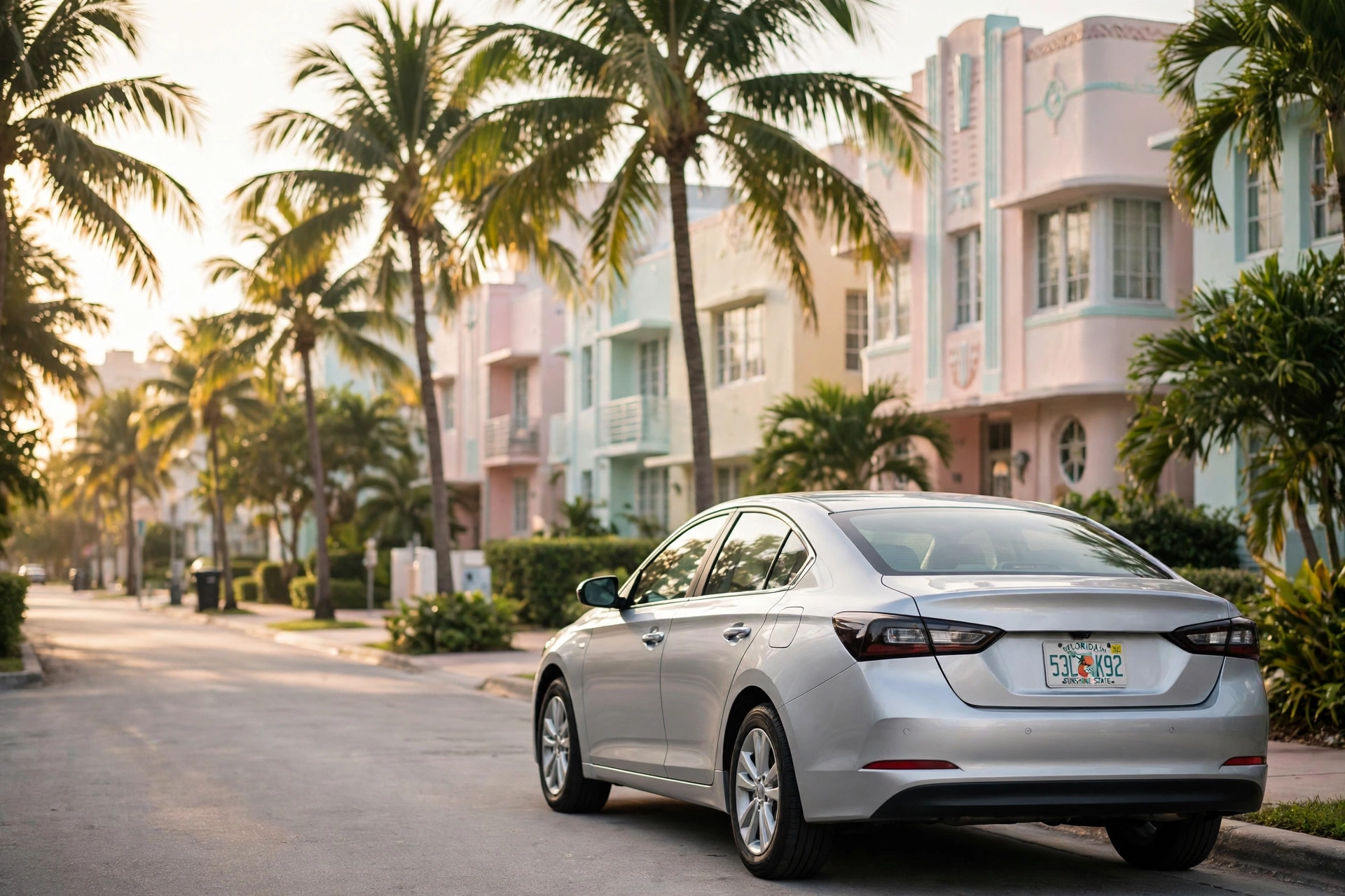 Vivir en Miami: comprar un carro al llegar — cuánto cuesta vivir en Miami en 2026, sedán plateado con placa de Florida en una calle de Miami con palmeras