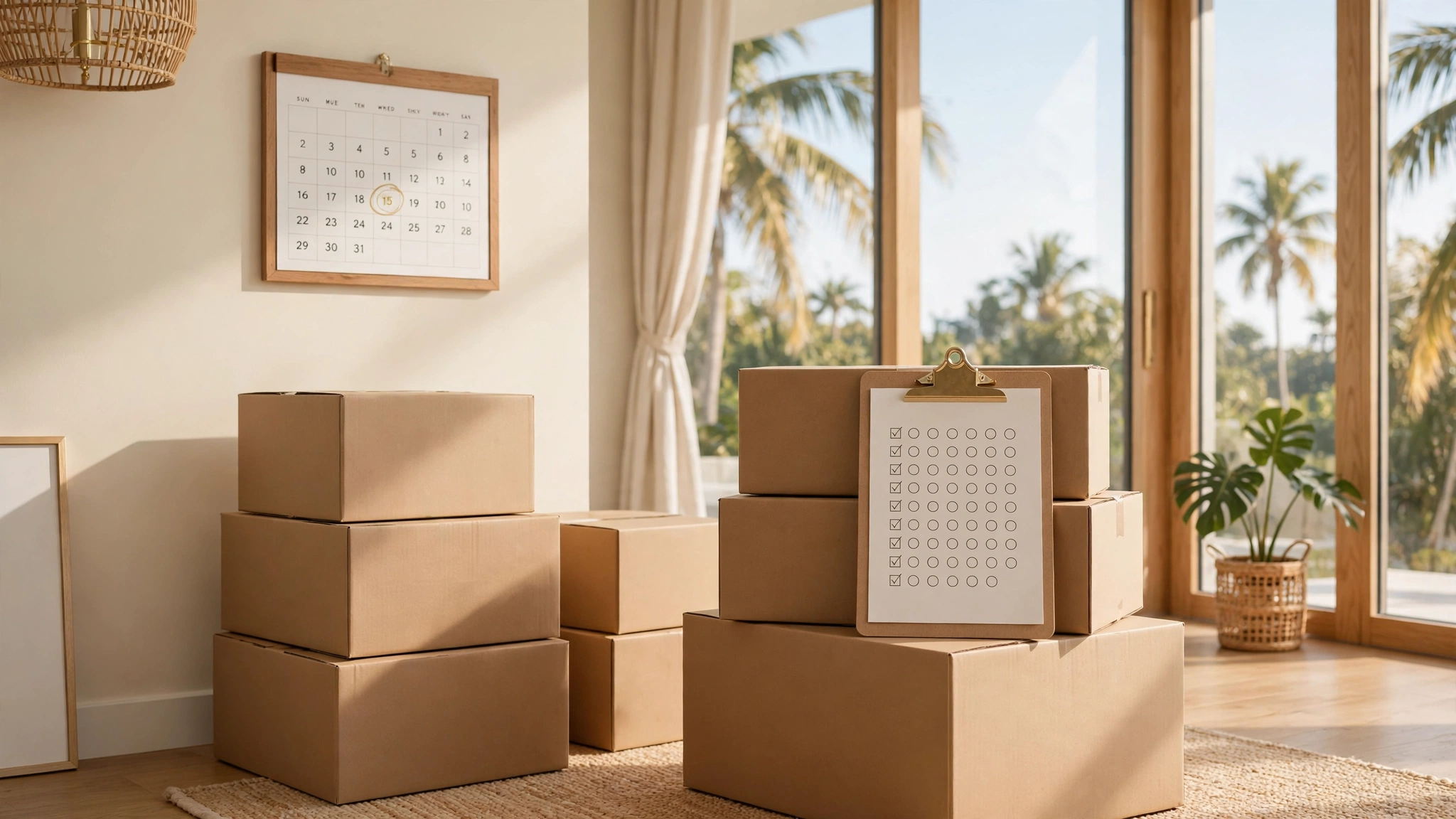 Moving to Miami timeline and checklist 2026 — moving boxes, wall calendar and checklist planning a relocation to Miami, cost of living guide