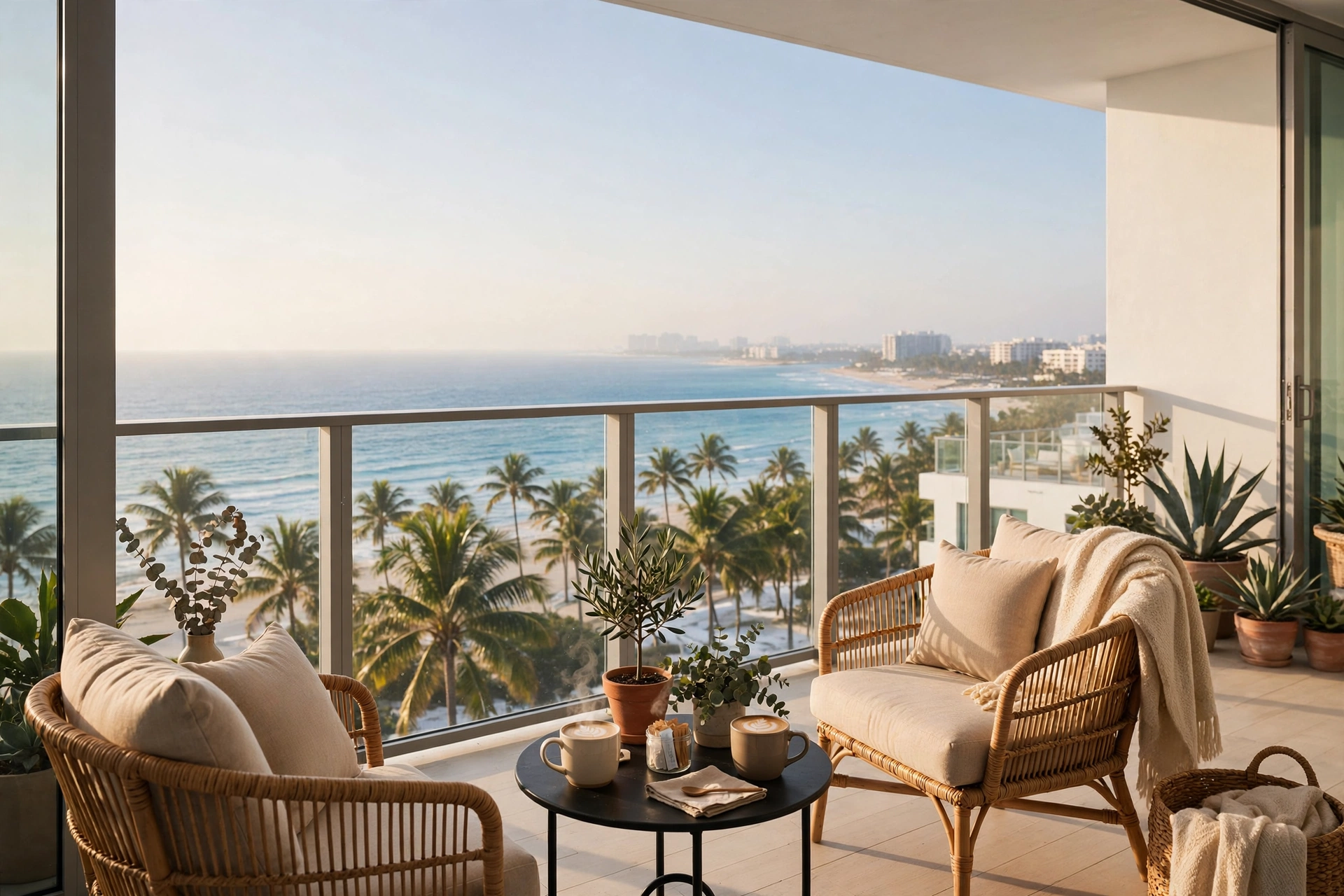 Moving to Miami for 3 months? Furnished rental living room with bay view for snowbirds, winter 2026–2027