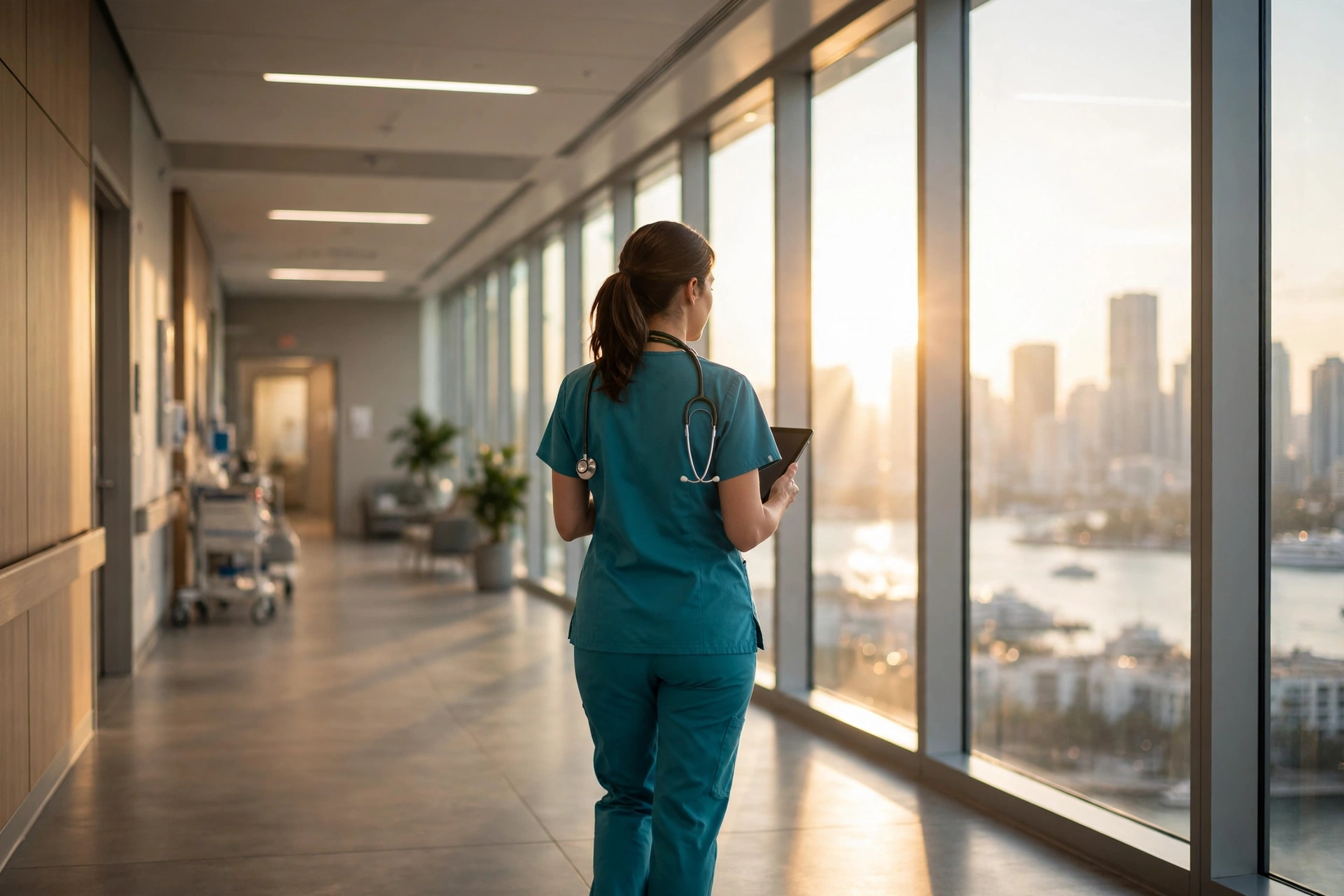 Travel nurse with a tablet in a sunlit Miami hospital corridor — moving to Miami, best hospitals for travel nurse contracts 2026