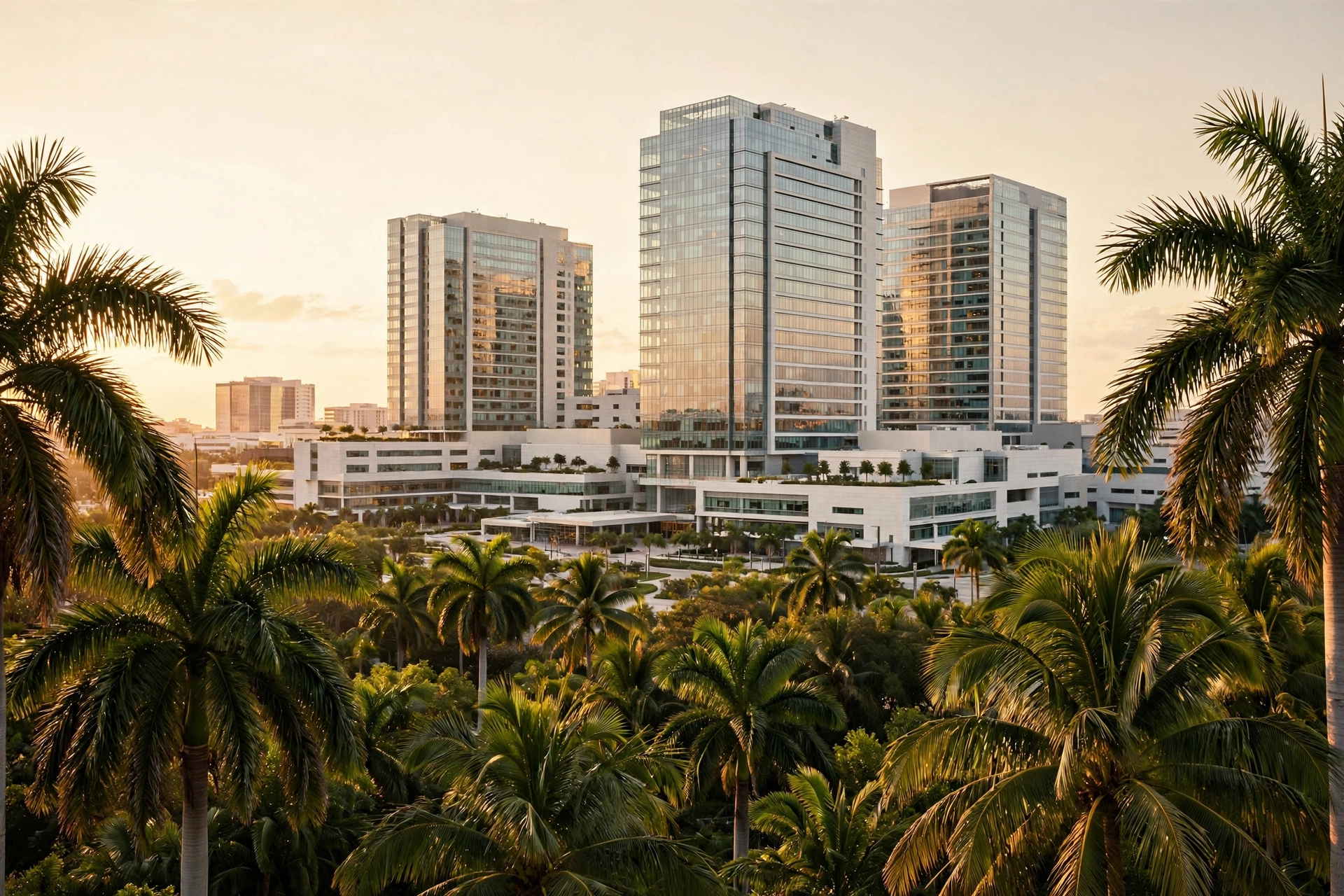 Best neighborhoods in Miami for travel nurses: hospital towers near the Health District at golden hour