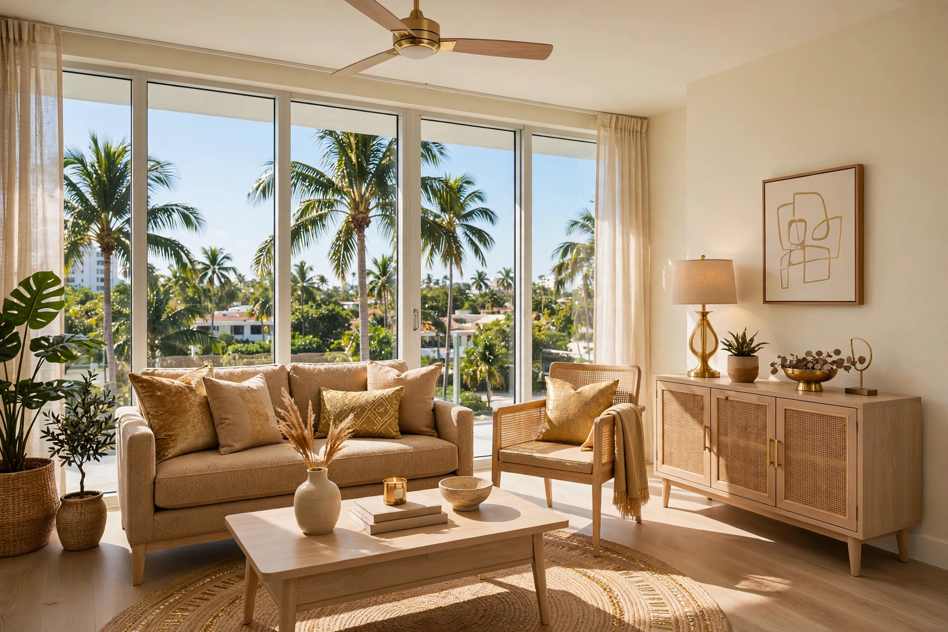 Furnished one-bedroom apartment living room in Miami, the typical travel nurse rental