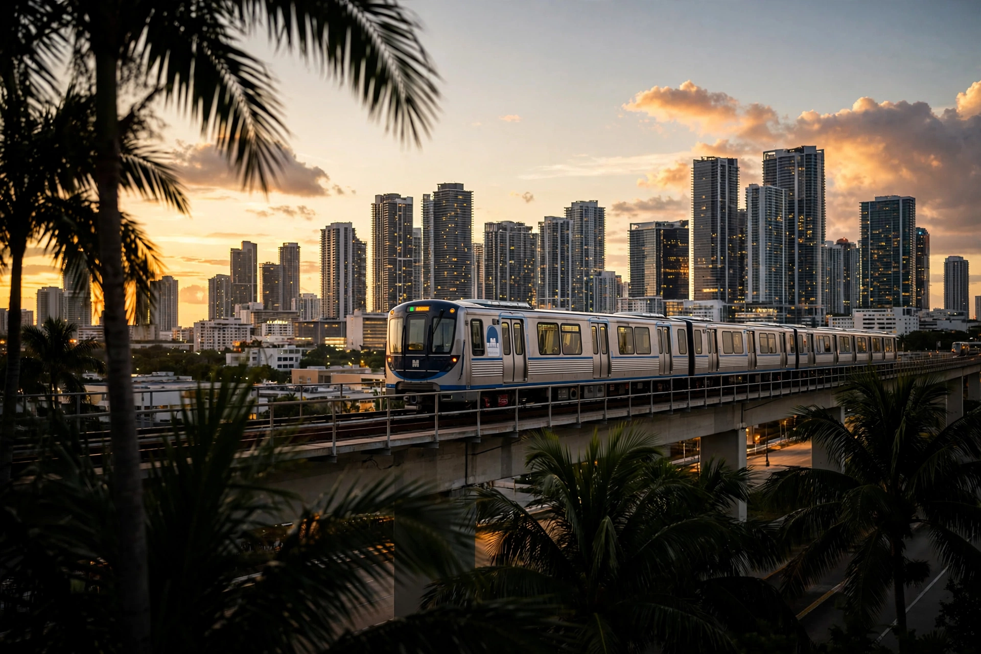 Miami Metrorail train near the Brickell skyline, the commute travel nurses use to reach Jackson Memorial without a car