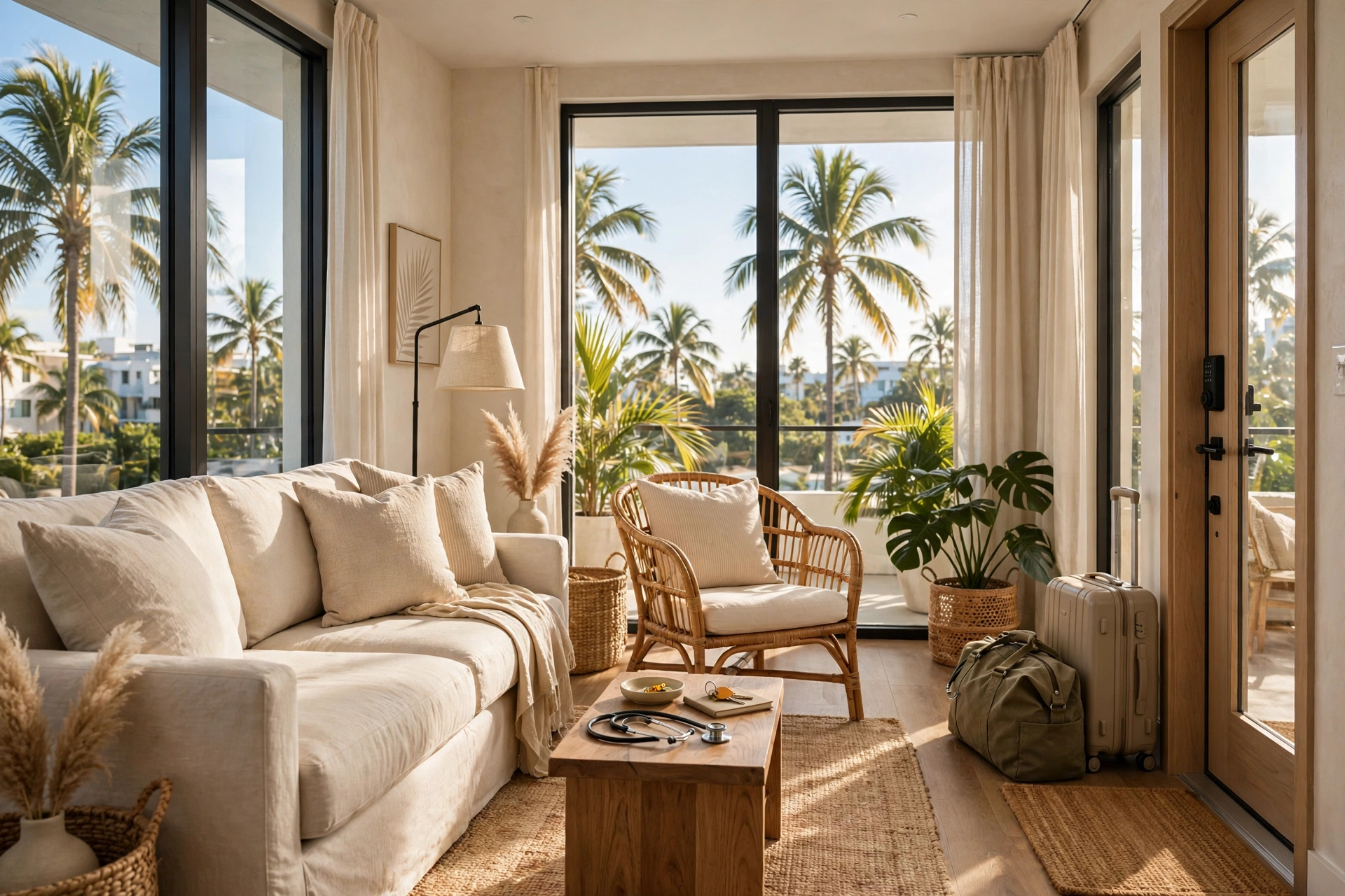 Travel nurse calculando si los estipendios cubren la renta en un apartamento amoblado en Miami — vivir en Miami, cuánto cuesta vivir en Miami 2026