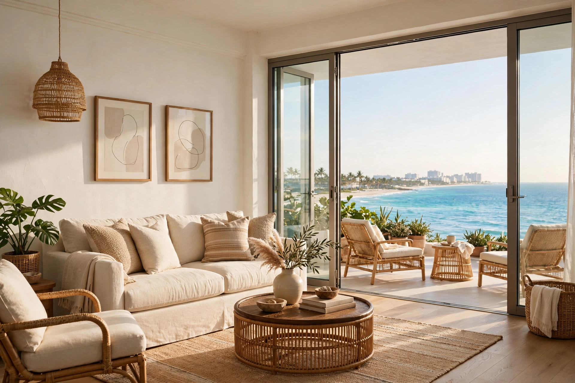 Bright furnished living room with ocean view in a Miami Beach seasonal rental — snowbird winter stay