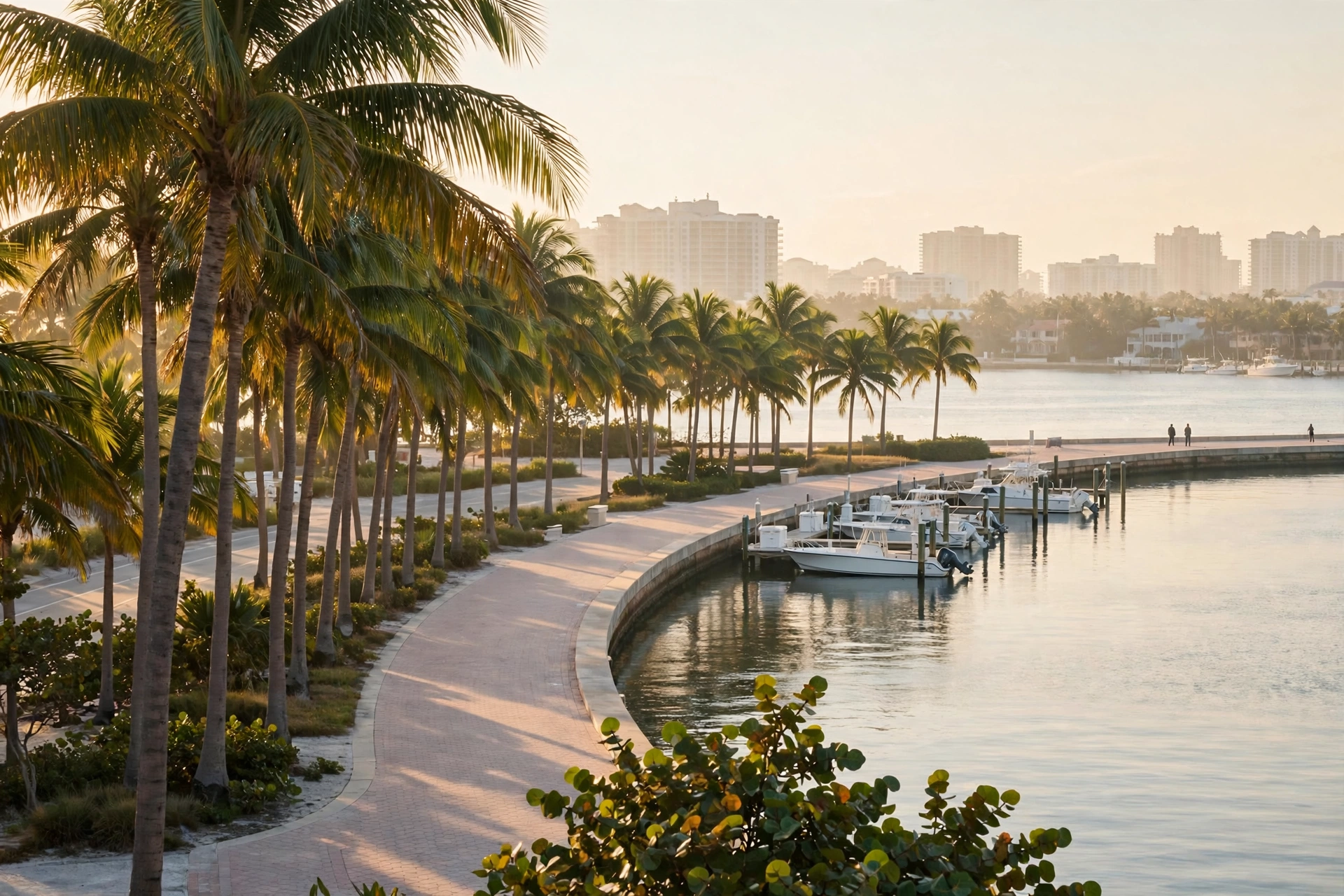 Palm-lined Fort Lauderdale waterfront promenade in golden morning light — snowbird winter morning