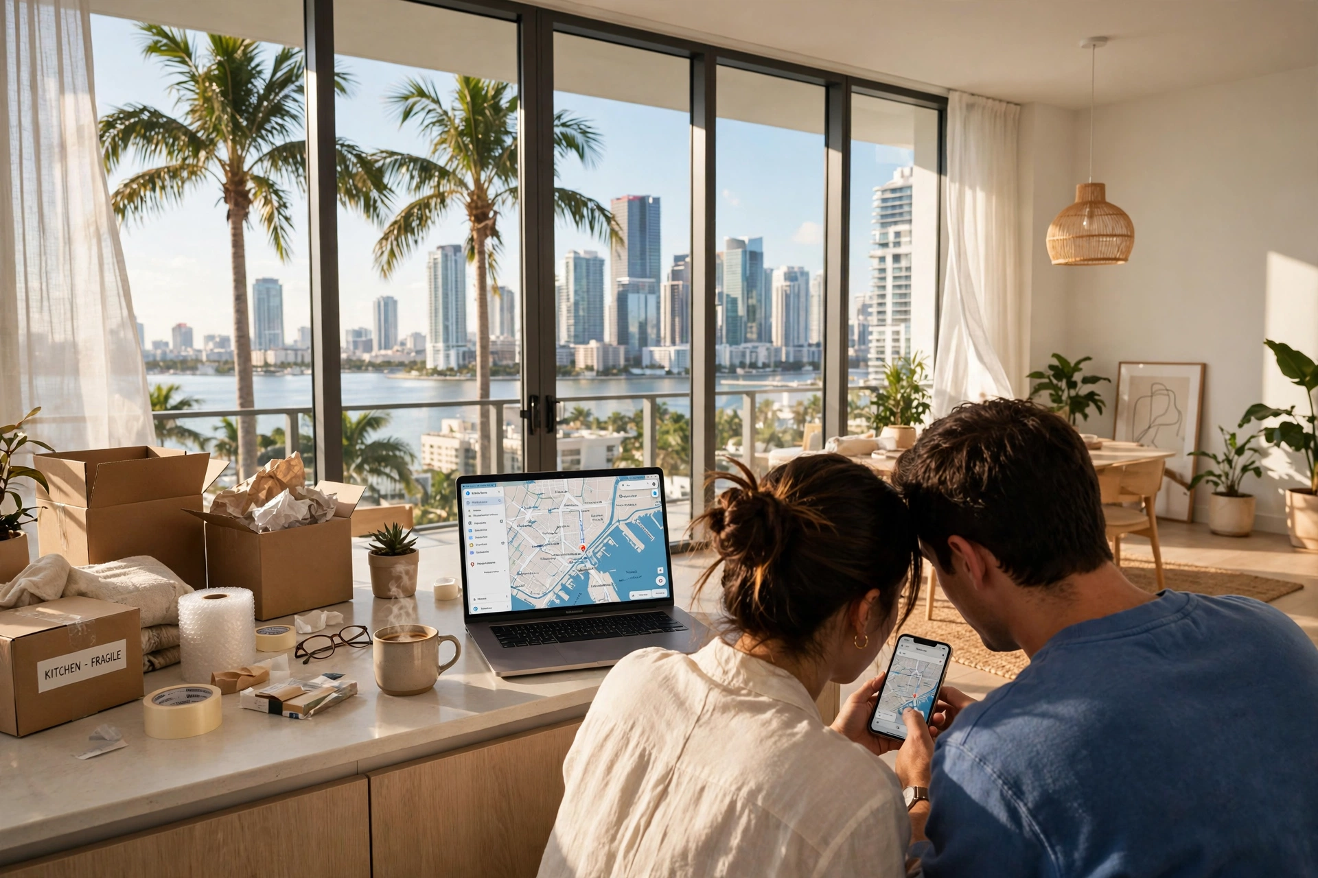 Newcomer couple in a bright Miami apartment in their first week, boxes nearby, checking a smartphone and a laptop map of Miami with the Brickell skyline through the window — moving to Miami, best apps for newcomers in Miami, cost of living in Miami, best neighborhoods in Miami
