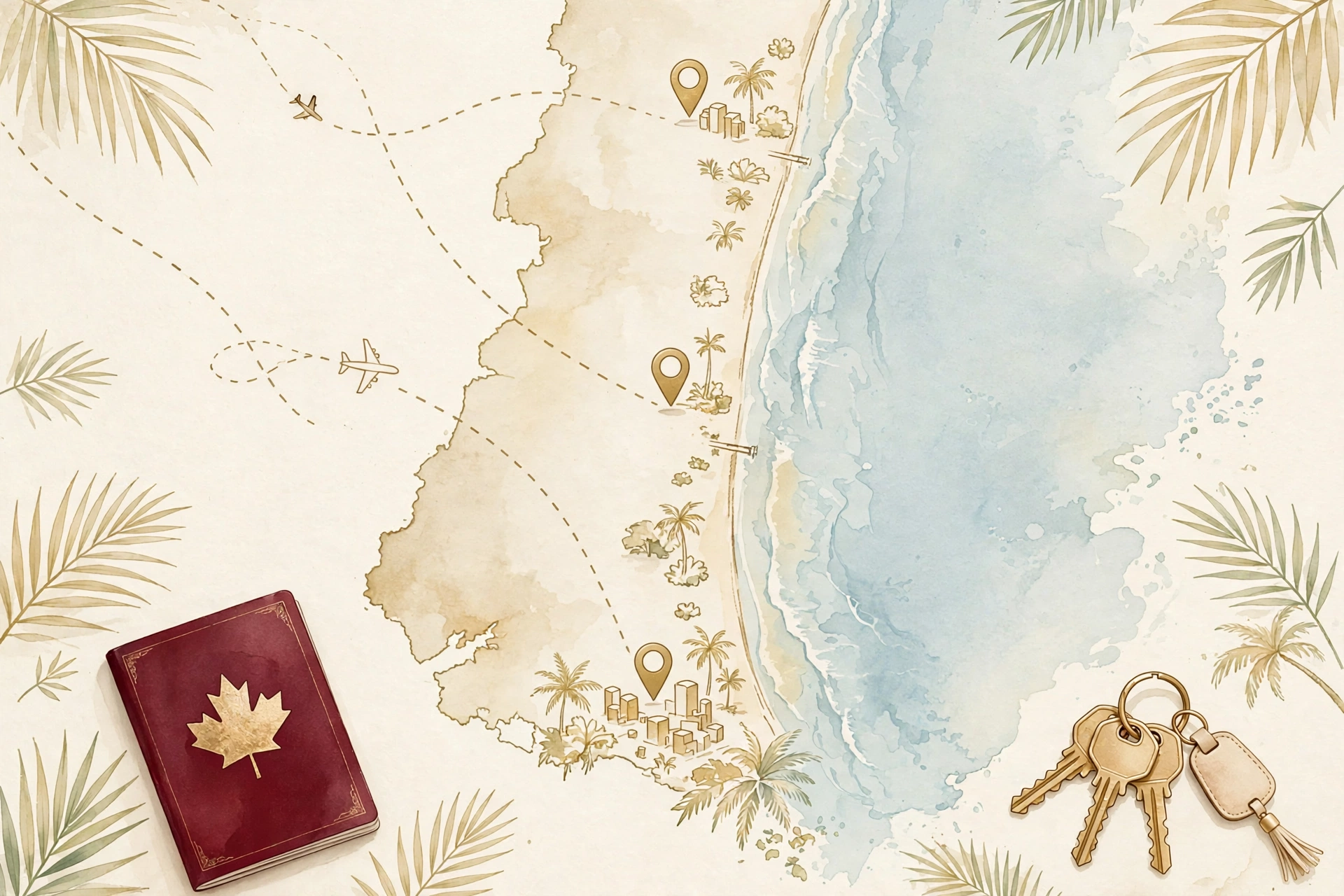 Moving to Miami and the best neighborhoods in Miami for Canadian snowbirds: coastal map from Brickell to Hallandale Beach, Canadian passport and condo keys