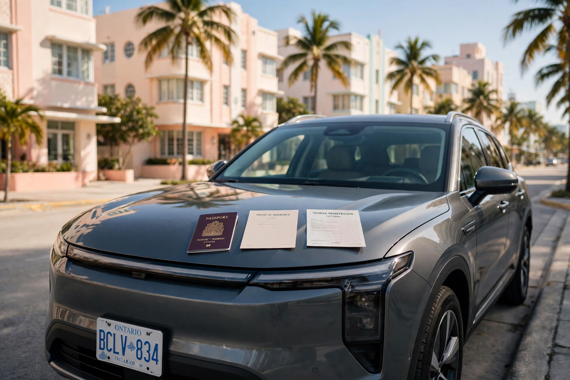Moving to Miami and cost of living in Miami for Canadian snowbirds driving a Canadian-plated car to Florida: SUV on a palm-lined Miami street, Canadian passport, insurance card and registration