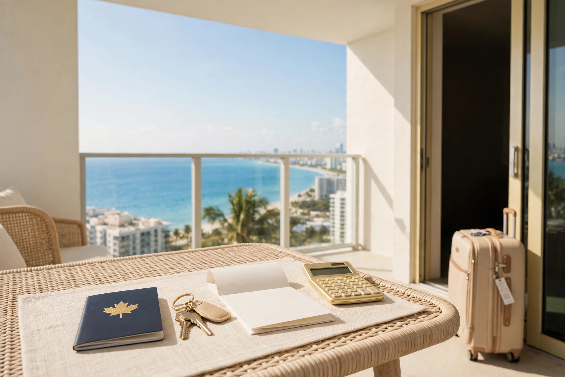 Moving to Miami and cost of living in Miami for Canadian snowbirds renting out a Florida condo: balcony over the ocean, Canadian passport, condo keys, lease and calculator