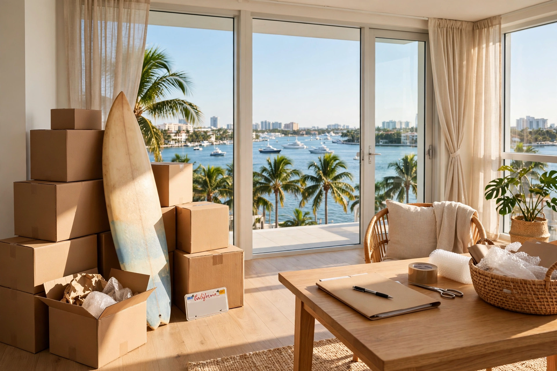 Sunny Miami apartment with moving boxes, a surfboard and a California license plate, a tax folder on a table overlooking Biscayne Bay — moving to Miami from California, moving to Florida from California, cost of living in Miami