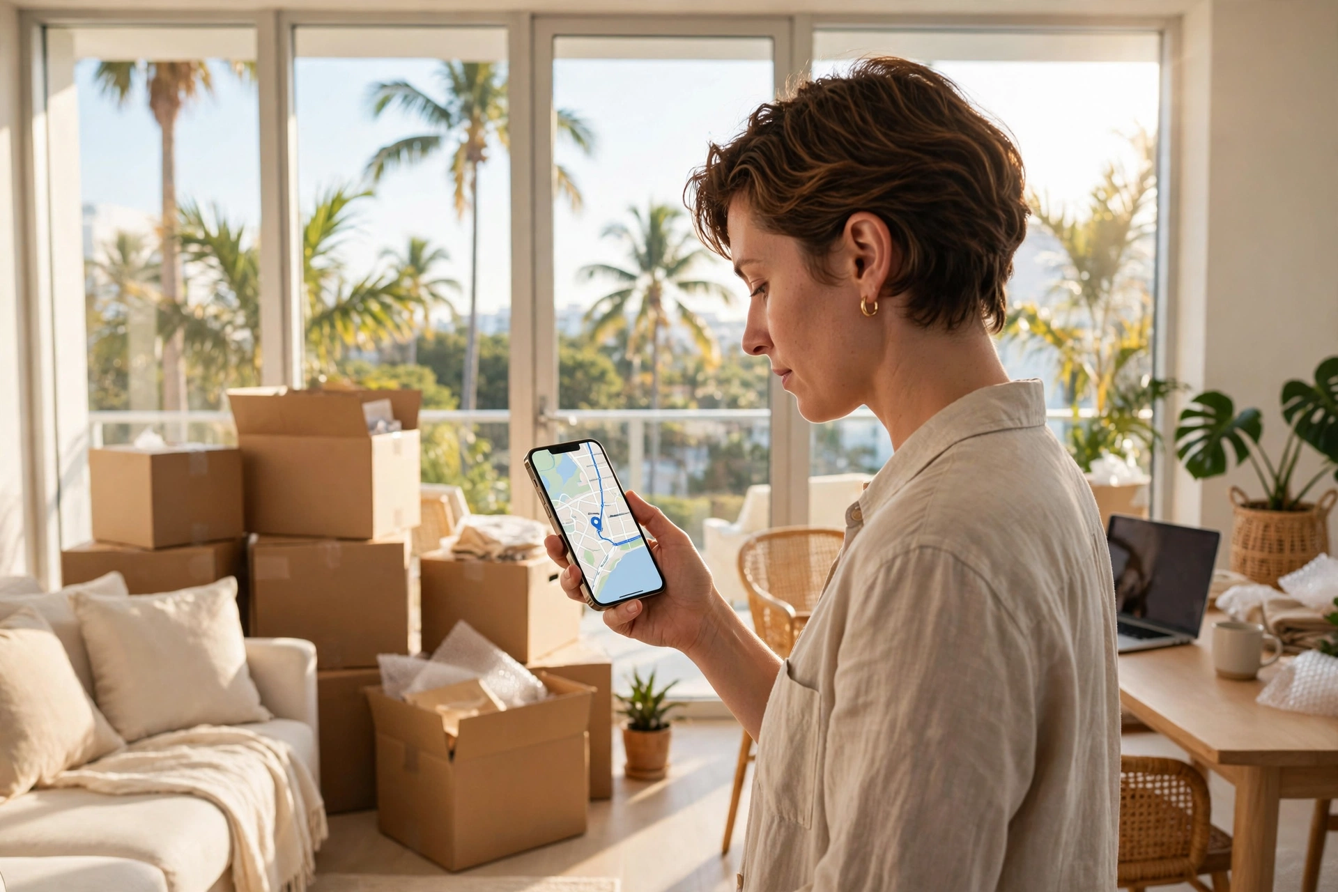 Newcomer holding a smartphone with a map in a bright Miami apartment on move-in day, boxes behind — moving to Miami, cell phone plans for newcomers, cost of living in Miami, best neighborhoods in Miami