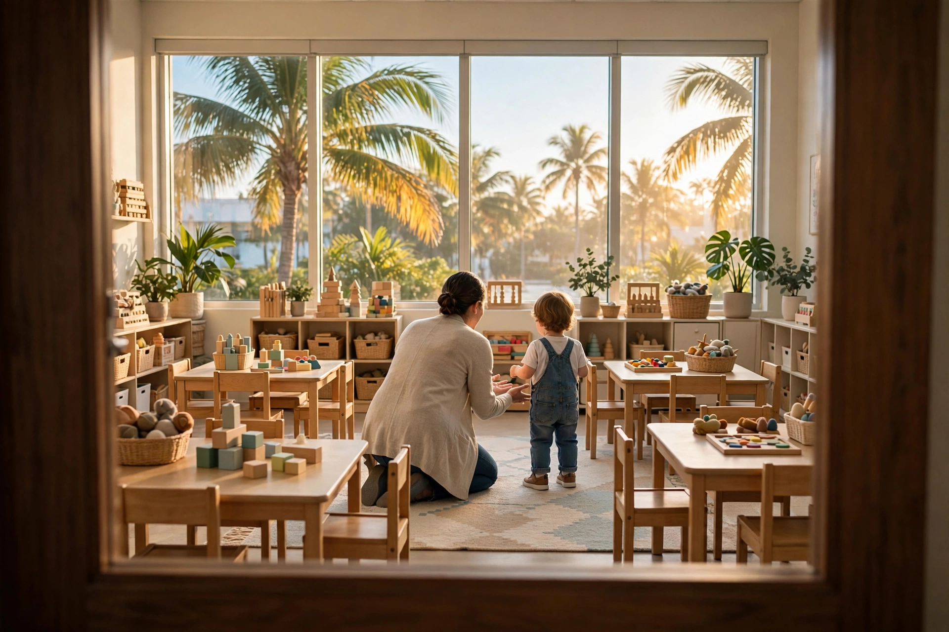 A bright, sunlit Miami daycare classroom with small wooden tables, colorful toys and a teacher welcoming a toddler, palm trees outside the windows — moving to Miami, childcare costs in Miami, cost of living in Miami, best neighborhoods in Miami