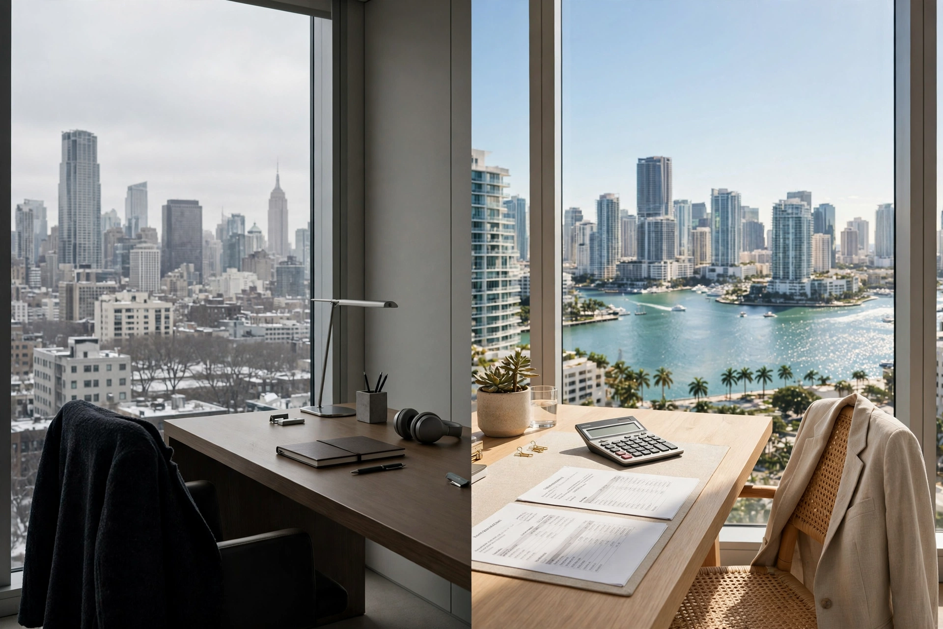 Two executive desks, Manhattan skyline in winter light on one side and Brickell towers over Biscayne Bay in sunshine on the other, calculator and salary comparison sheets — moving to Miami, cost of living in Miami vs New York, best neighborhoods in Miami