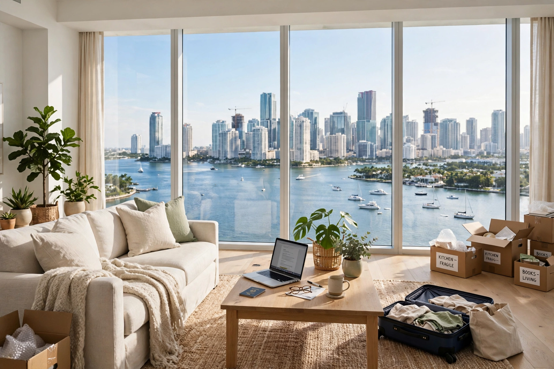 Apartamento luminoso en Miami con cajas de mudanza, una maleta y una laptop junto a ventanales sobre la bahía de Biscayne — vivir en Miami, cuánto cuesta vivir en Miami