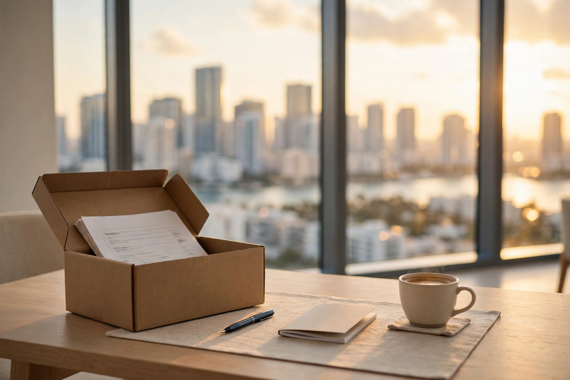 Executive signing a corporate relocation package at a desk with a Miami skyline view — moving to Miami, negotiating relocation packages, cost of living in Miami