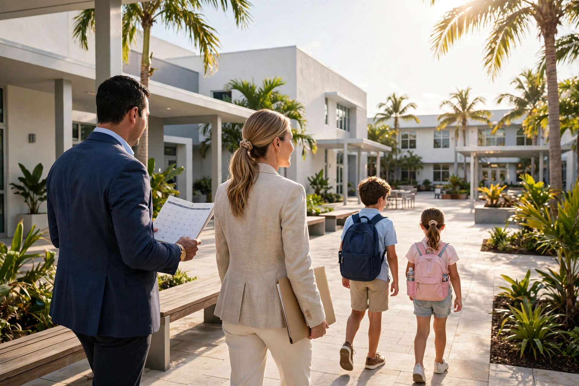Executive family with two school-age children touring a sunny Miami private school courtyard with palm trees — moving to Miami, private school deposits and timelines, cost of living in Miami