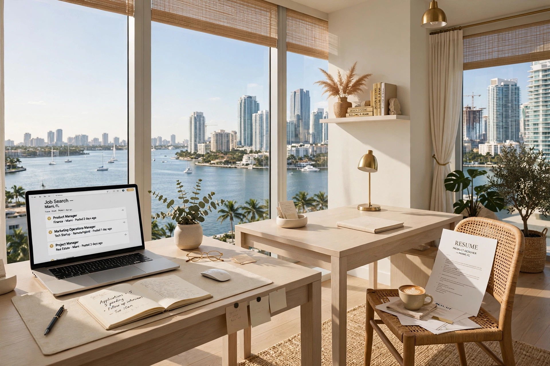 Bright Miami home office with two desks, a laptop open to a job search and Biscayne Bay beyond the windows — moving to Miami, cost of living Miami, best neighborhoods Miami
