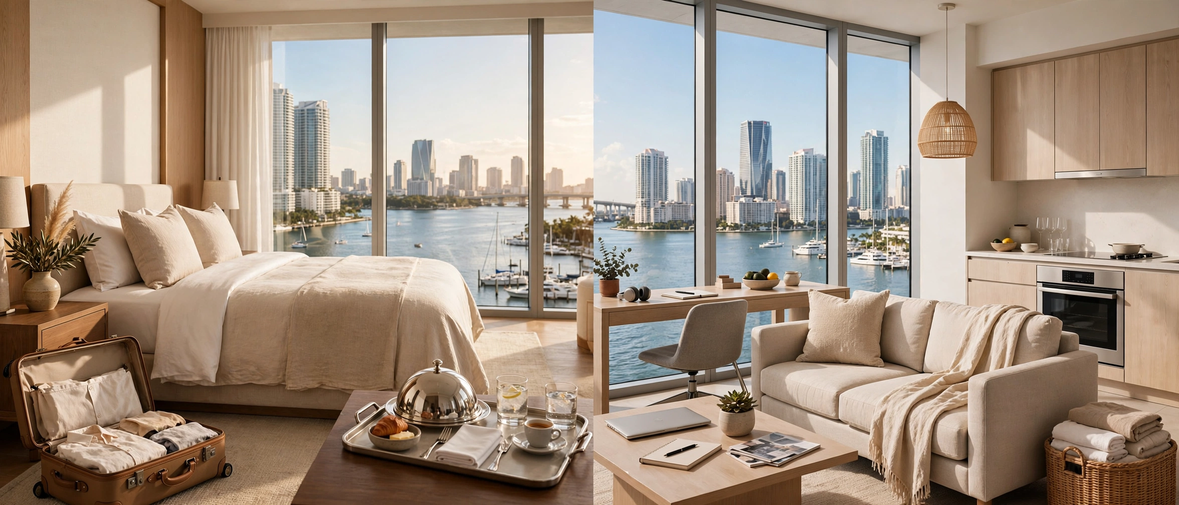 Furnished corporate apartment with full kitchen and desk beside an elegant hotel room, Brickell towers and Biscayne Bay in bright warm light — moving to Miami, temporary housing for executives, hotels vs corporate apartments, cost of living in Miami