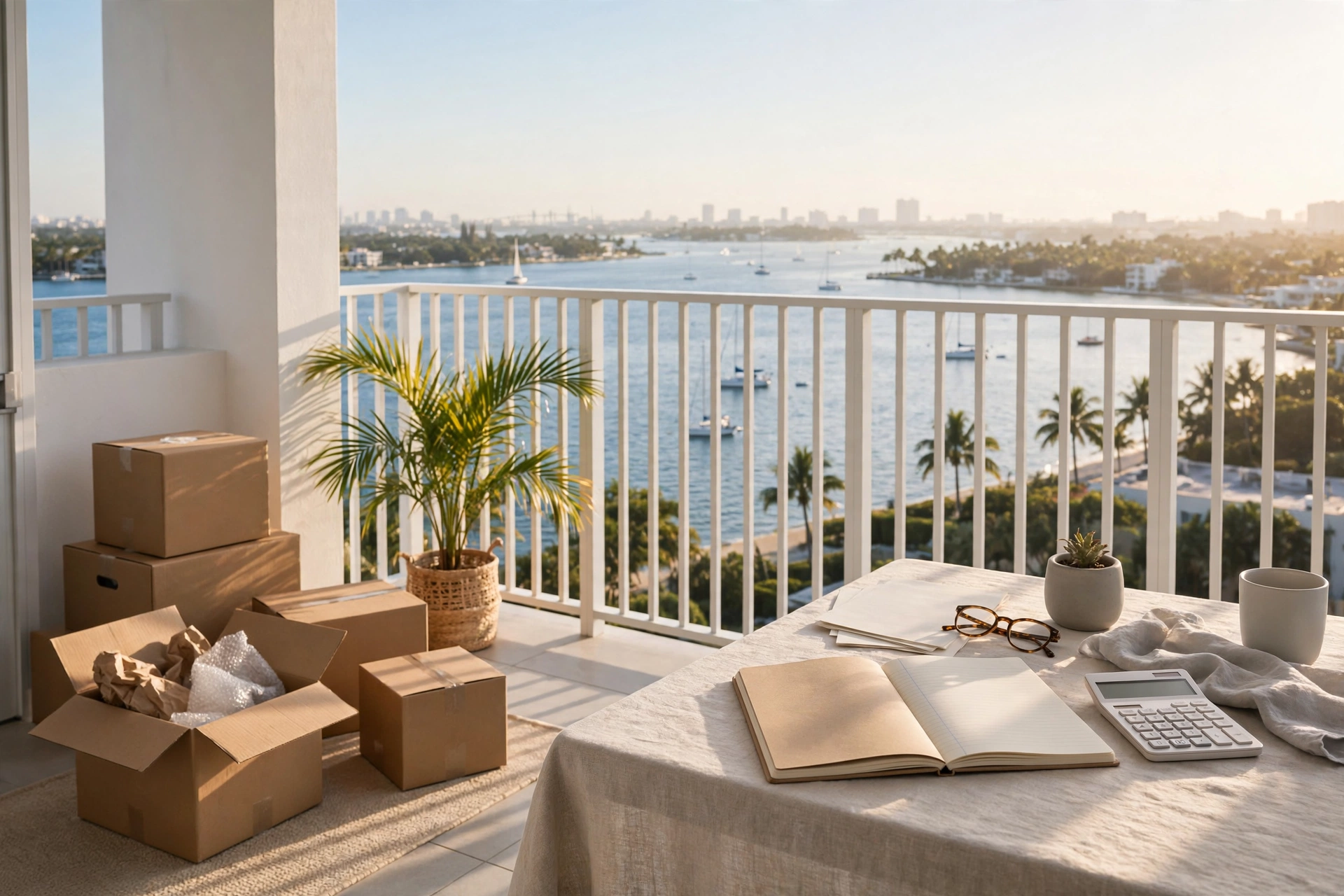 Balcón soleado de un apartamento en Miami con cajas de mudanza, una libreta de presupuesto y calculadora frente a la bahía de Biscayne — vivir en Miami vs Nueva York, cuánto cuesta vivir en Miami