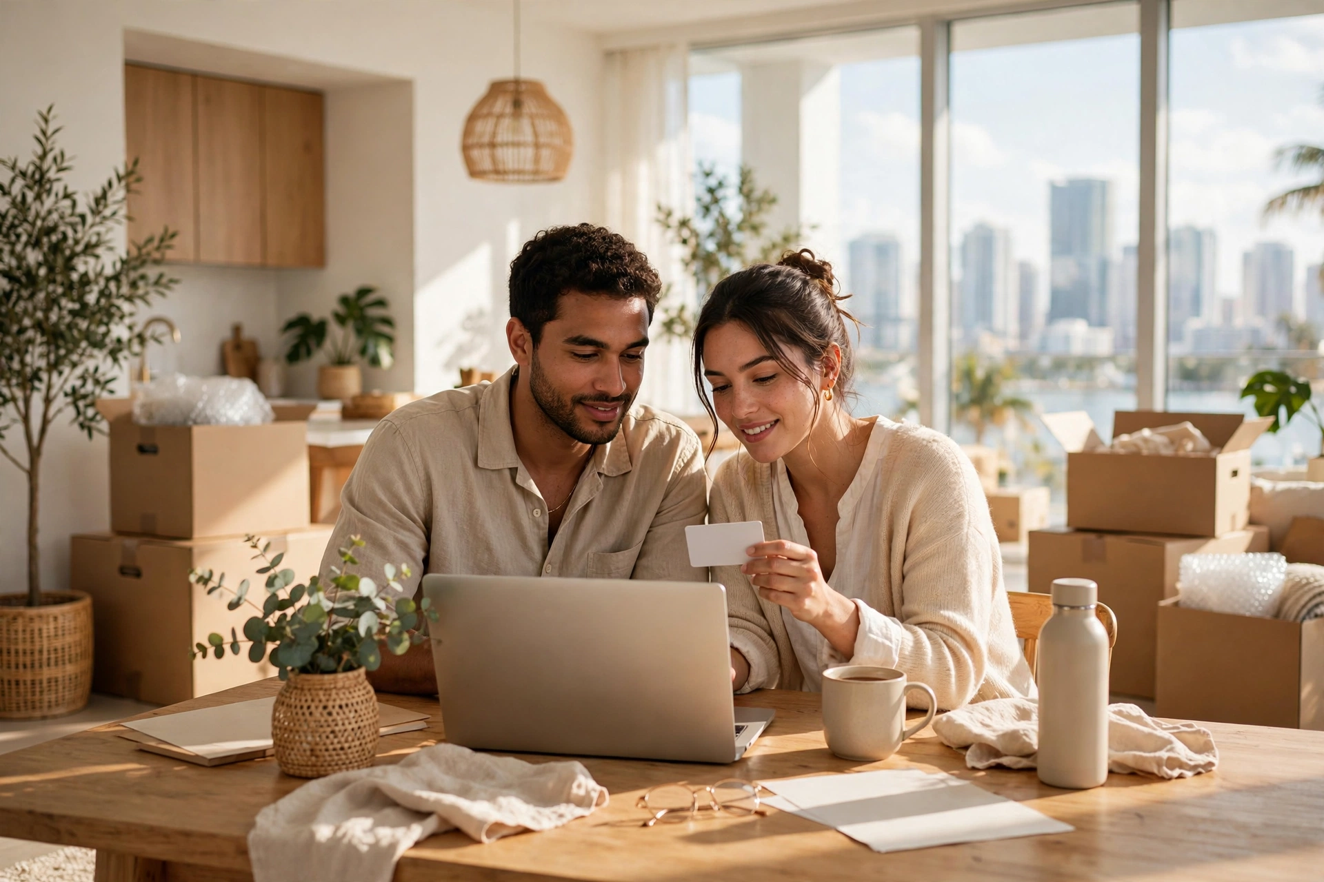 Newcomer couple in a bright Miami apartment reviewing a laptop and their first US credit card — moving to Miami, how credit scores work for newcomers, cost of living in Miami, best neighborhoods in Miami