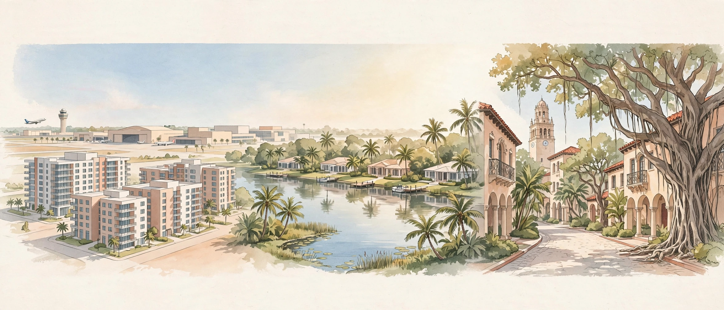 Three Miami-area neighborhoods in one sunny panorama: modern apartments near the airport in Doral, lake homes in Weston and Mediterranean streets in Coral Gables — moving to Miami, Doral vs Weston vs Coral Gables, cost of living in Miami, best neighborhoods in Miami