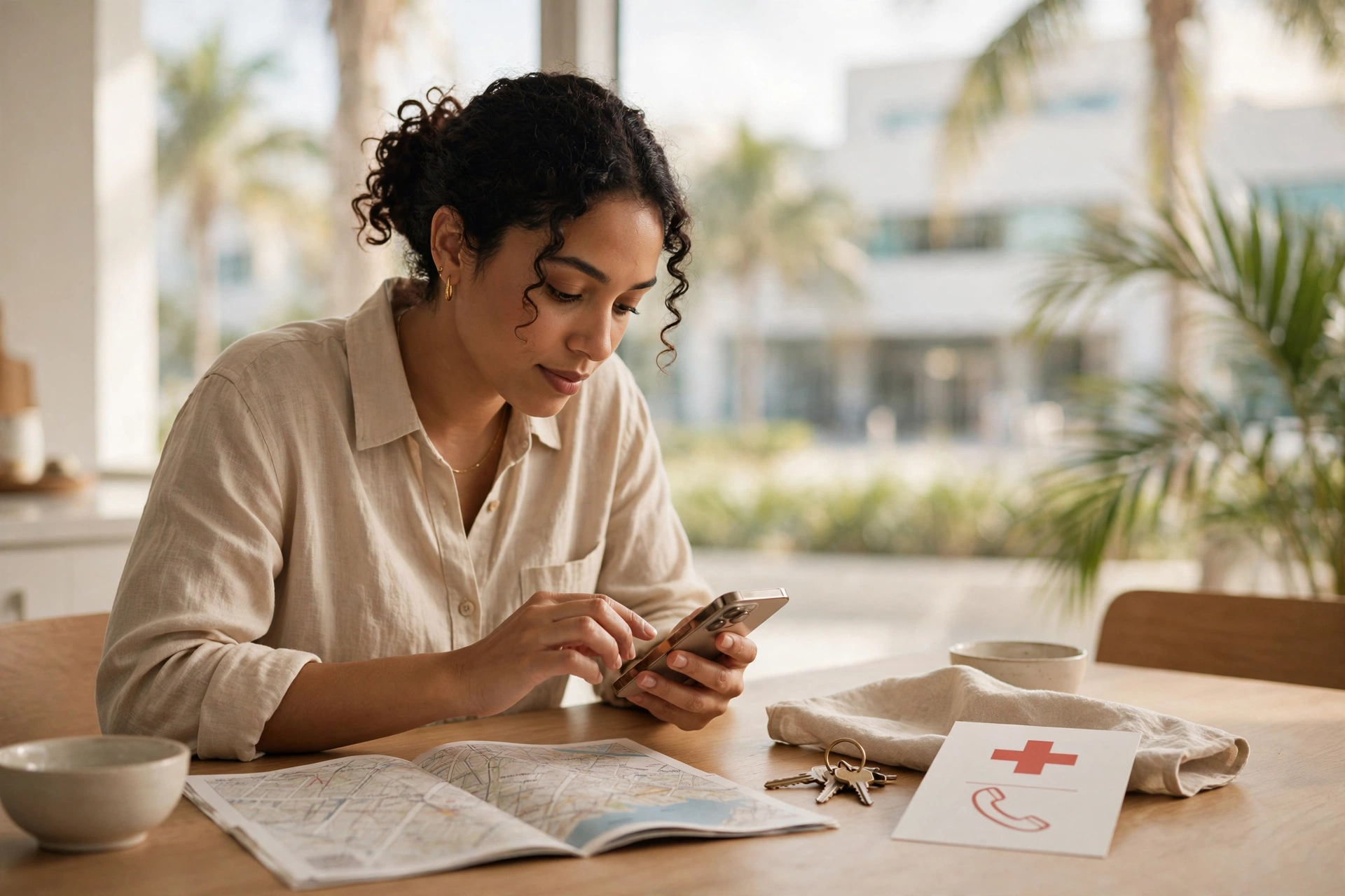 Newcomer mother saving emergency contacts on her smartphone at a bright Miami kitchen table, red cross card, house keys and a Miami map beside her, palm trees and a hospital building softly out of focus through the window — moving to Miami, emergency numbers and hospitals newcomers should know, cost of living in Miami, best neighborhoods in Miami