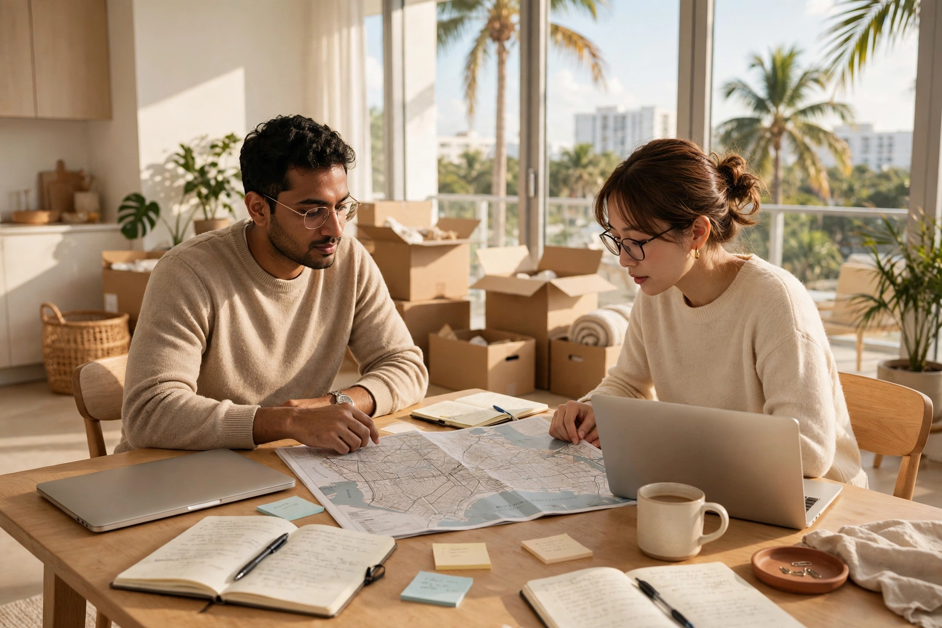 Sala luminosa de un apartamento en Miami con una pareja de académicos en una mesa con dos portátiles, cuadernos y un mapa de Miami, palmeras por una ventana grande y cajas sin desempacar detrás — vivir en Miami, parejas académicas de doble carrera, estrategia de vivienda, cuánto cuesta vivir en Miami