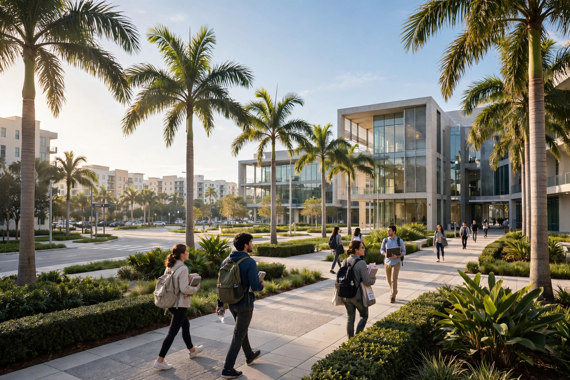 Modern university campus in west Miami with palm-lined walkways and research buildings in bright morning light, apartment buildings across the avenue — moving to Miami, FIU visiting researchers housing near the Modesto Maidique campus, cost of living in Miami