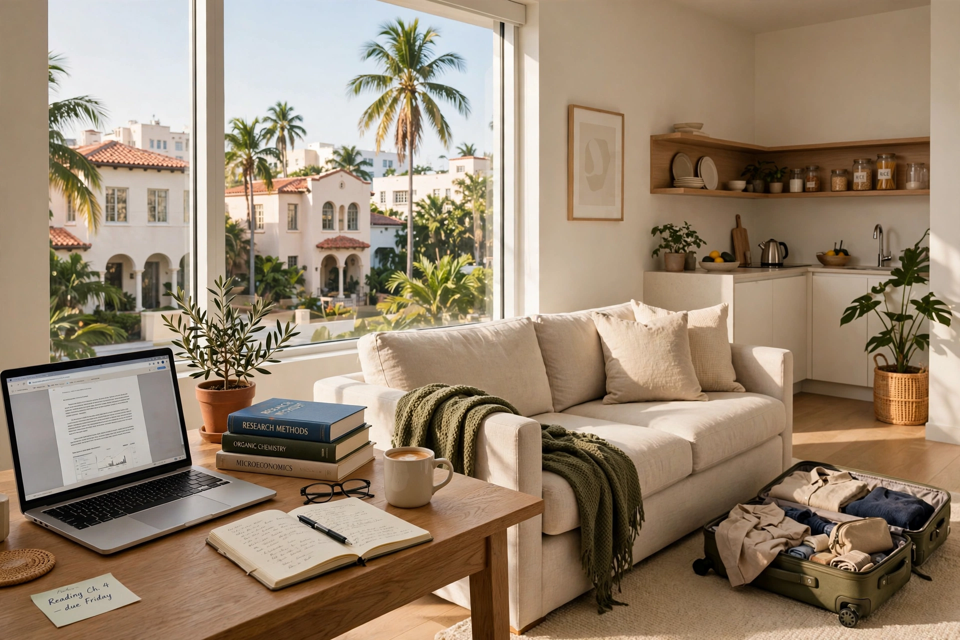 Sala luminosa de un apartamento amoblado en Miami con escritorio de madera, portátil y libros académicos junto a una ventana con palmeras y edificios bajos, sofá y maleta abierta que sugiere un sabático de varios meses — vivir en Miami, sabático, rentas amobladas para estadías de profesores de 6 a 9 meses, cuánto cuesta vivir en Miami