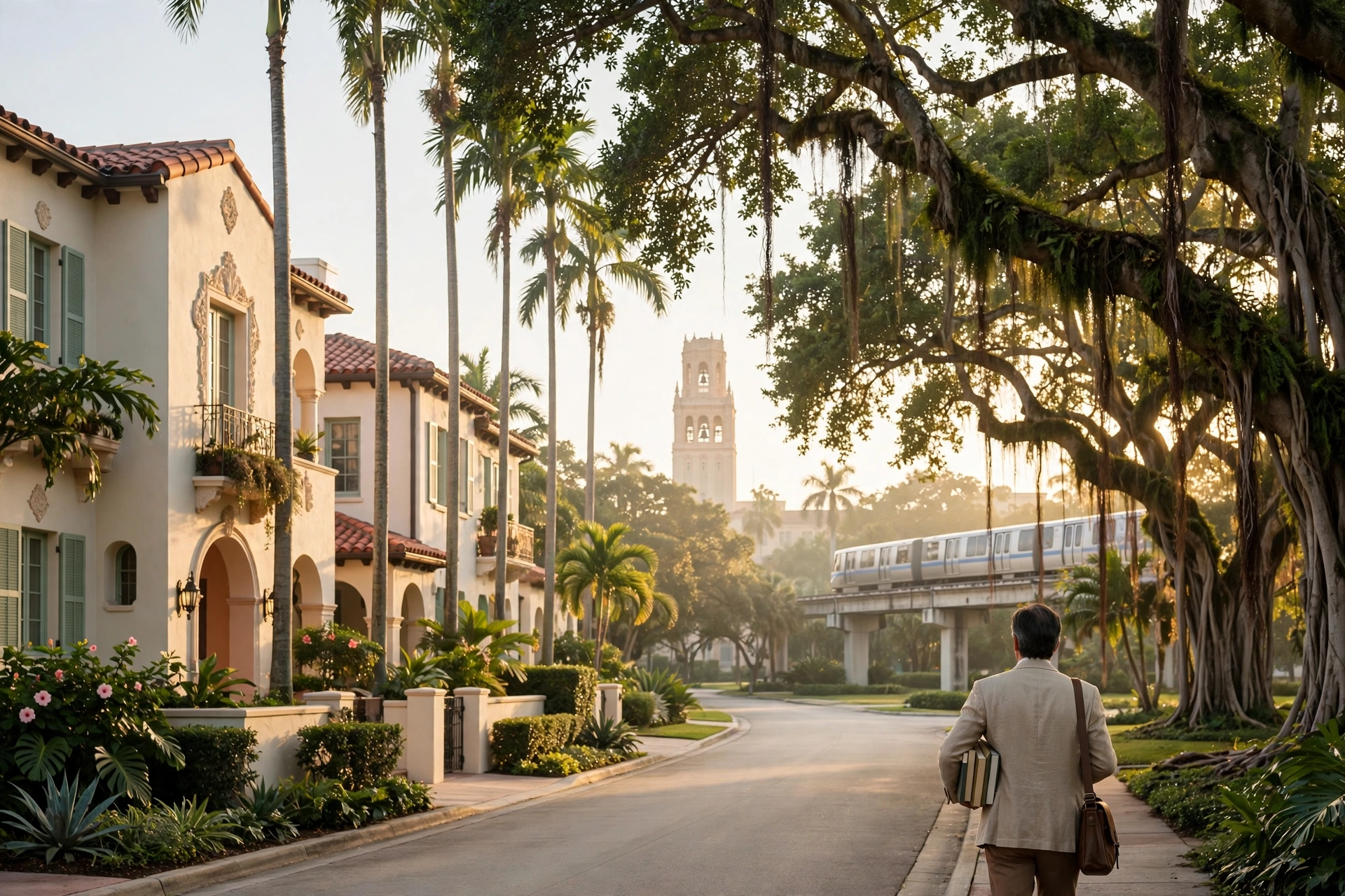 Best neighborhoods in Miami for UM faculty near the Coral Gables campus: leafy residential street, palms and a Metrorail train — moving to Miami and cost of living in Miami guide