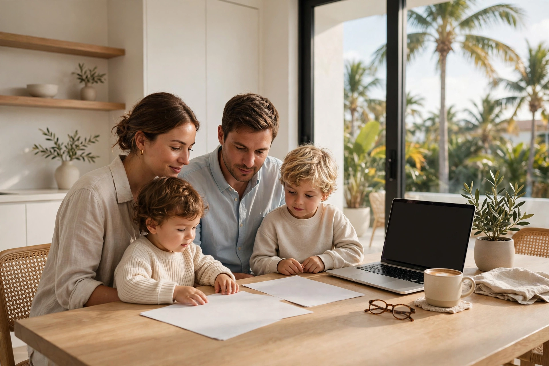 Familia con dos niños pequeños en una mesa luminosa de una cocina de Miami revisando papeles del seguro médico y una laptop, palmeras fuera de la ventana — vivir en Miami, seguro médico familiar en Florida 2026, cuánto cuesta vivir en Miami