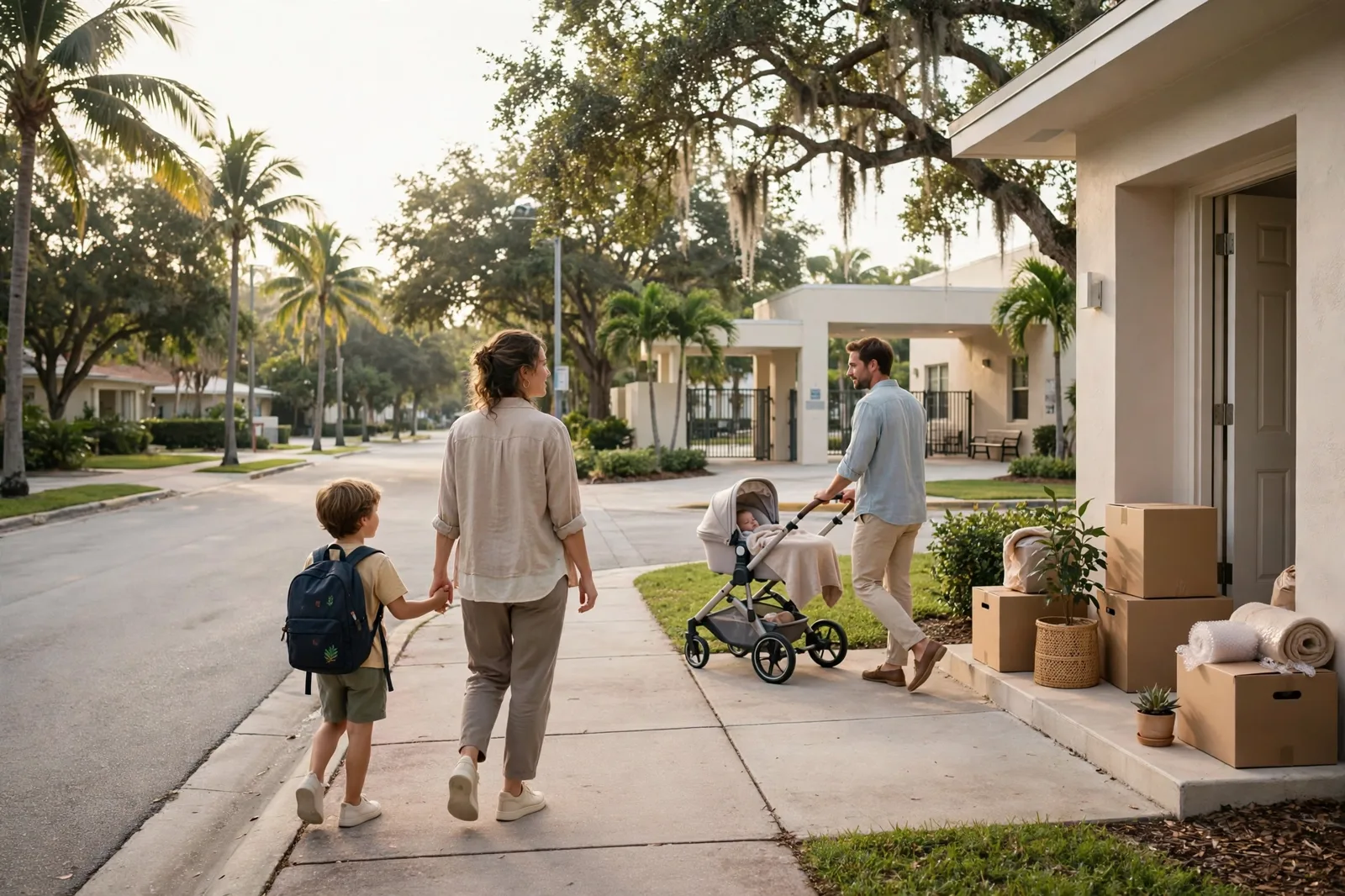 Parent and young child with a backpack walking hand in hand toward a welcoming Miami school entrance with palm trees in soft morning light — moving to Miami, relocating with a special-needs child, Miami school resources, cost of living in Miami, best neighborhoods in Miami