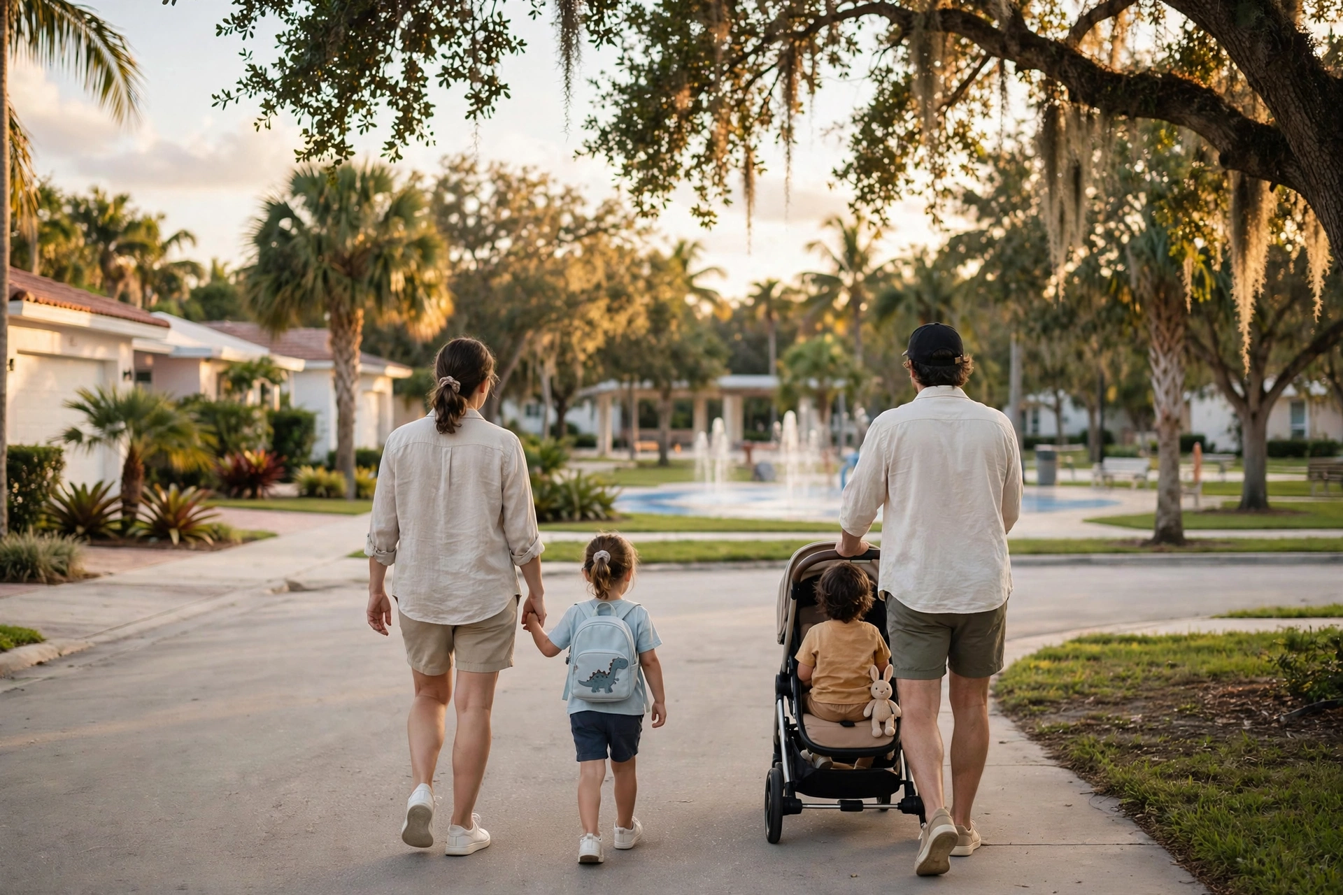 Young family with a stroller walking along a quiet tree-lined suburban Miami street with single-family homes, small front yards, palm trees and a neighborhood park — moving to Miami, best suburbs for families with young kids, cost of living in Miami, best neighborhoods in Miami
