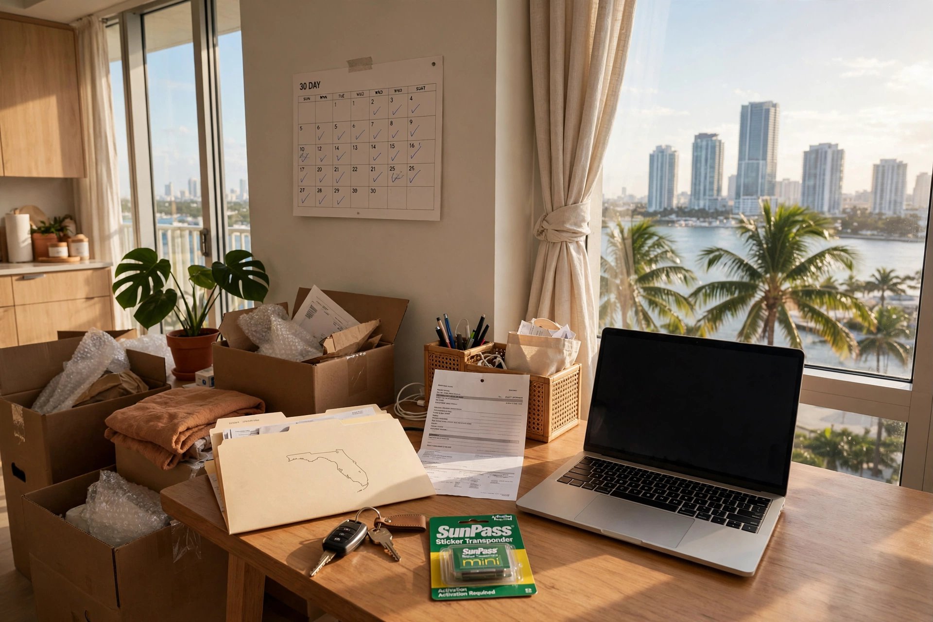 Sunny newly moved-in Miami apartment desk with a 30-day calendar, car keys, a Florida license folder and moving boxes — moving to Miami, your first 30 days, cost of living in Miami