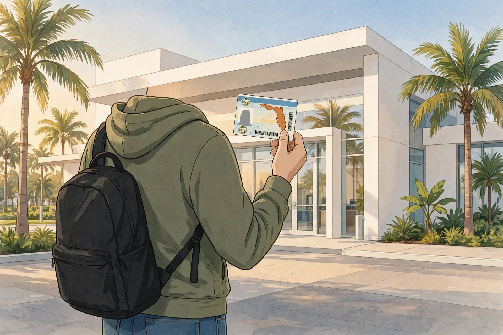 Newcomer holding a new Florida driver's license outside a Miami driver license service center — moving to Miami, Florida driver's license for newcomers guide, cost of living in Miami