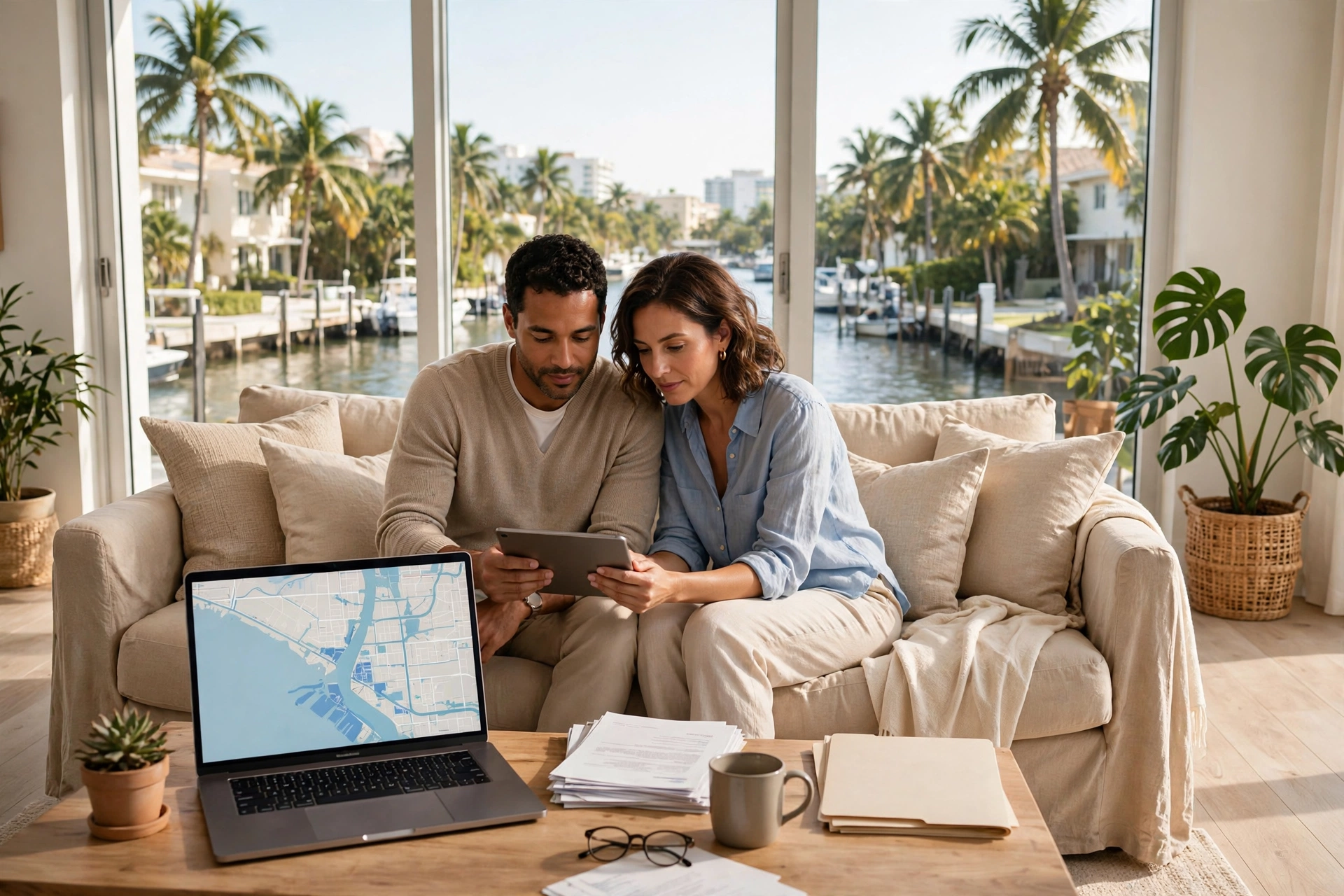 Sala luminosa de un apartamento en planta baja en Miami con una pareja revisando un mapa de inundación en un laptop, carpeta de documentos en la mesa y un canal con palmeras tras la ventana — vivir en Miami, zonas de inundación y seguro al rentar, cuánto cuesta vivir en Miami
